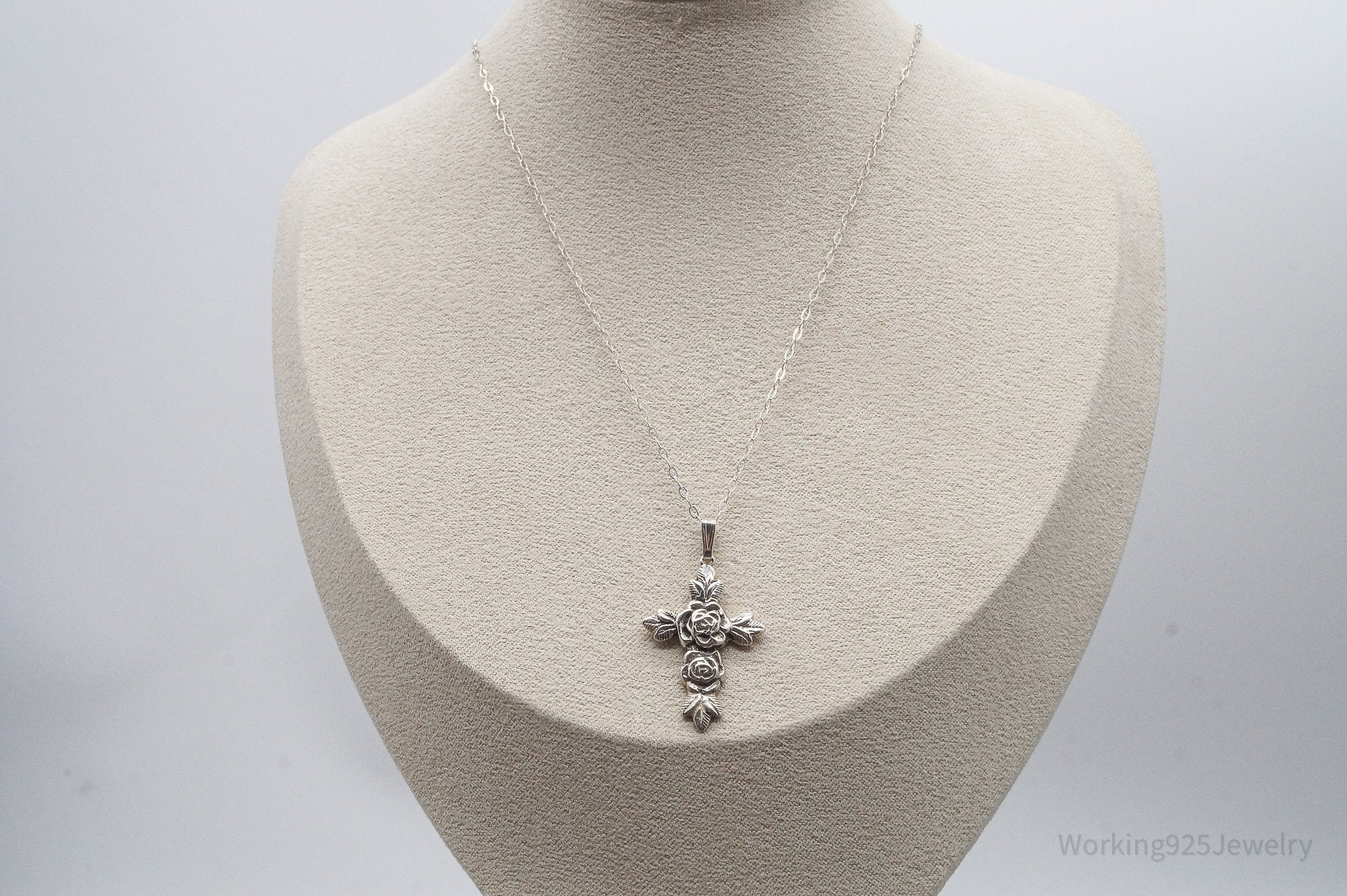 Vintage Rose Cross Sterling Silver Necklace 17"