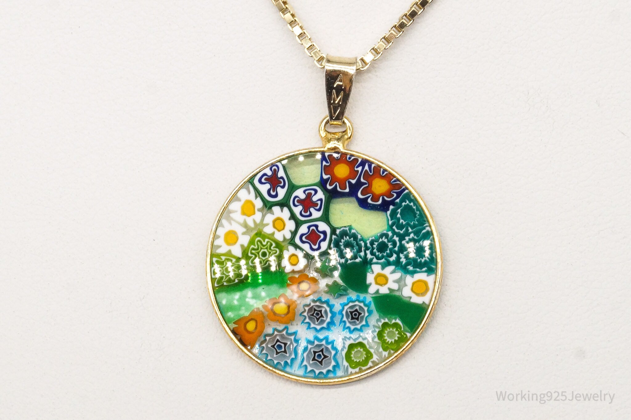 Vintage Glass Murano Millefiori Flowers Gold Vermeil Sterling Silver Necklace