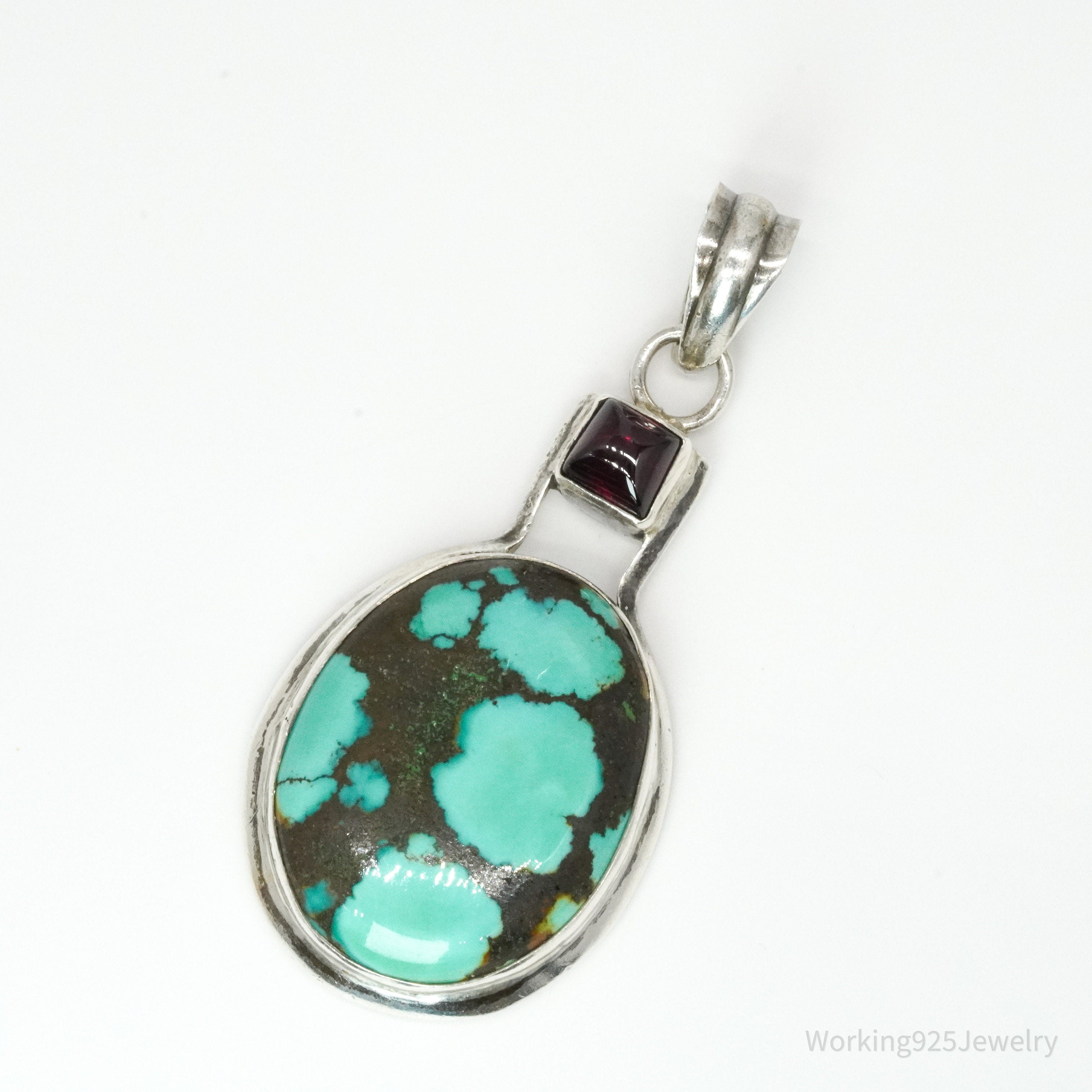 Vintage Turquoise & Rhodolite Garnet Sterling Silver Pendant