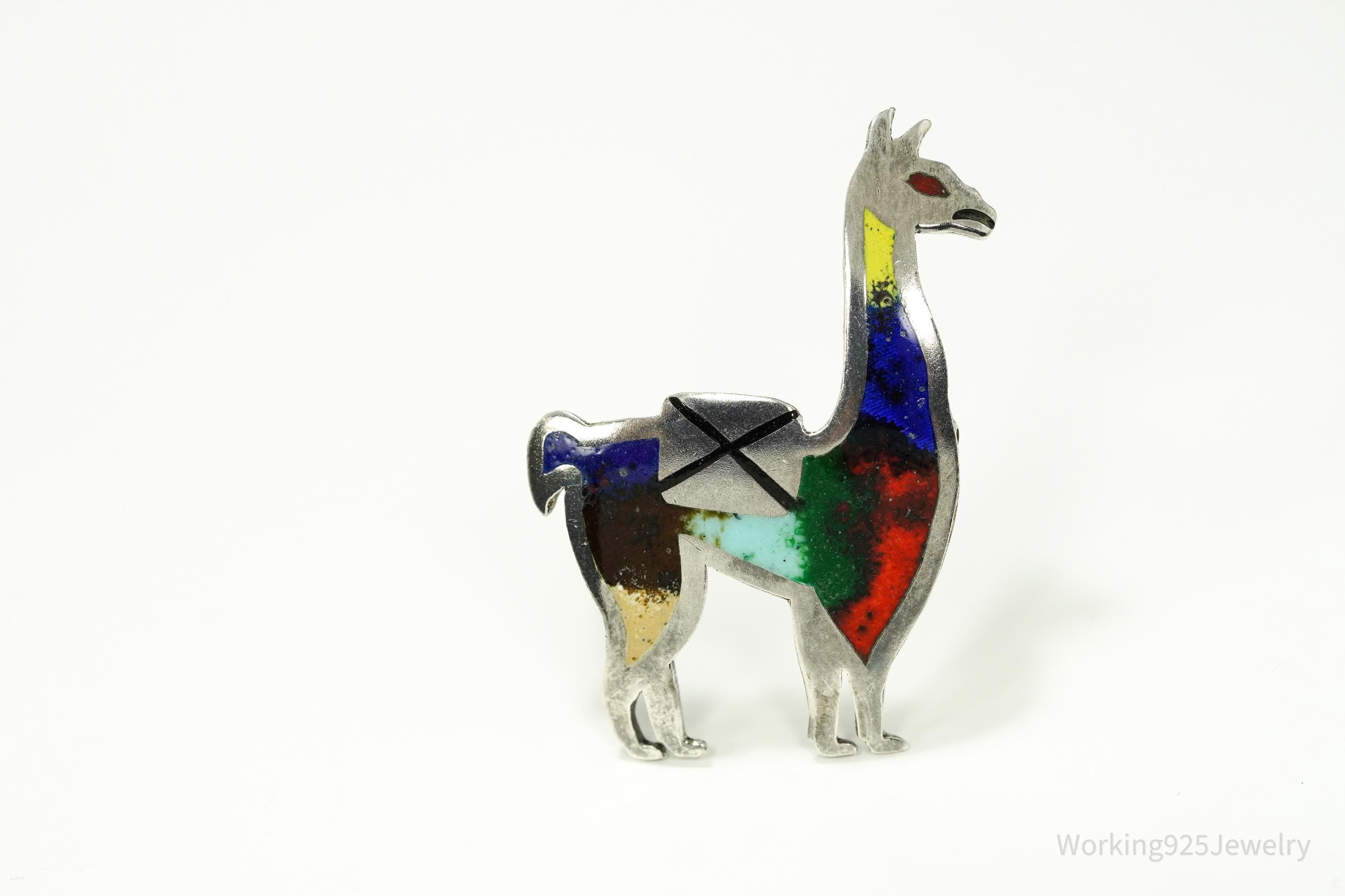 Vintage Peruvian Rainbow Enamel Llama Sterling Silver Brooch Pin