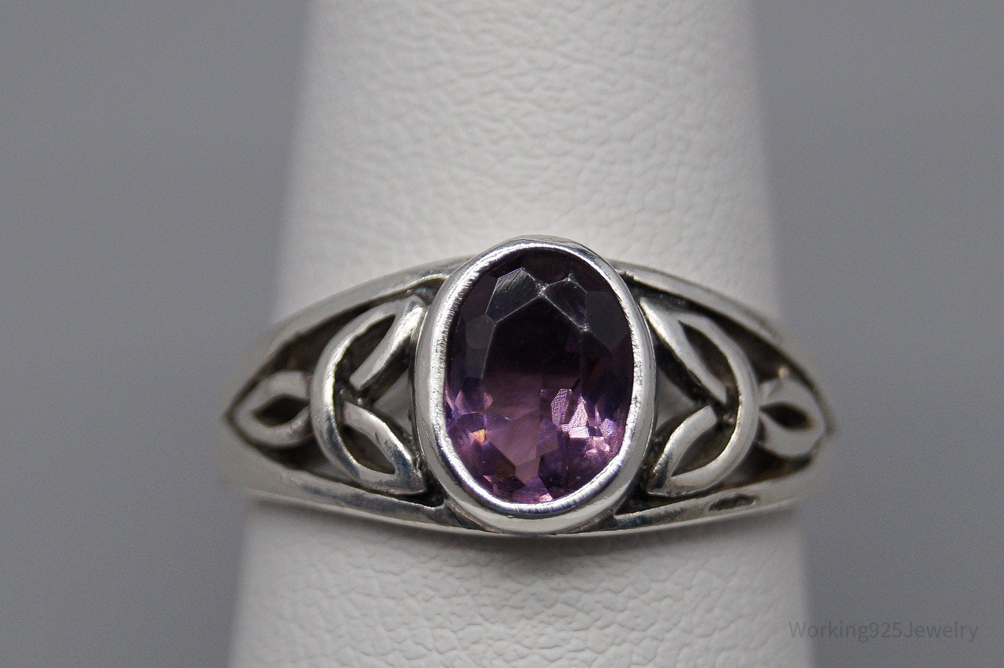 Vintage Amethyst Trinity Celtic Knot Sterling Silver Ring - Size 7