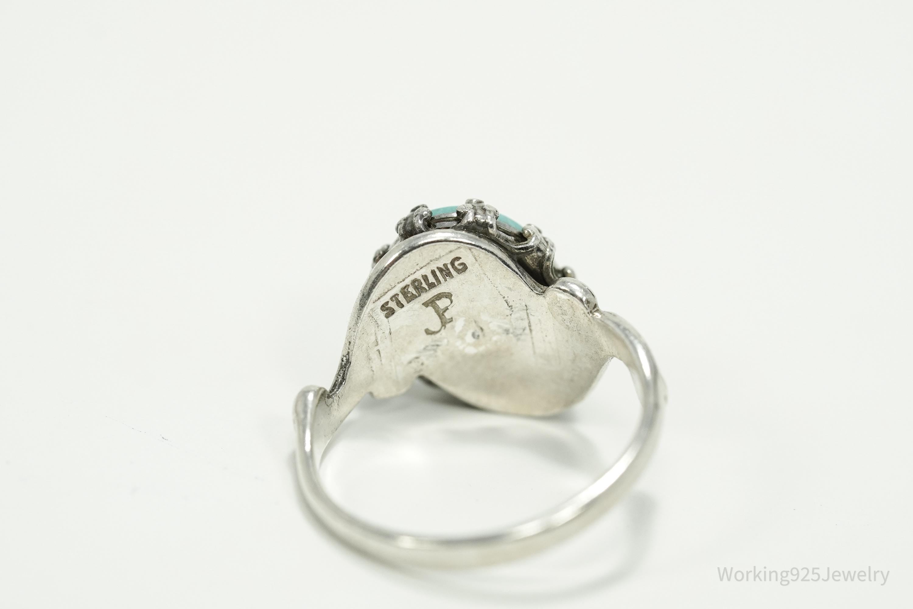 Vintage Native American Signed JP Turquoise Sterling Silver Ring - Size 4.5