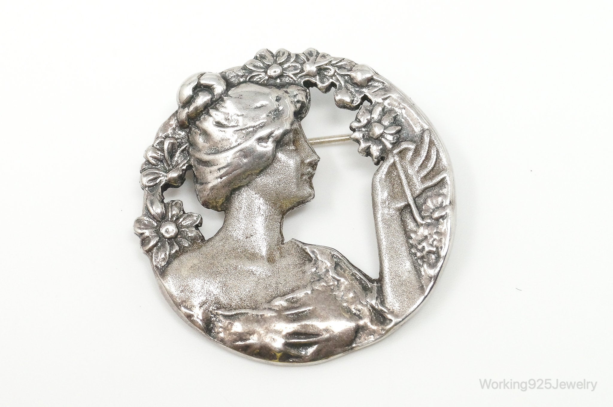 Vintage Large Cut Out Art Nouveau Woman Cameo Sterling Silver Pendant Pin