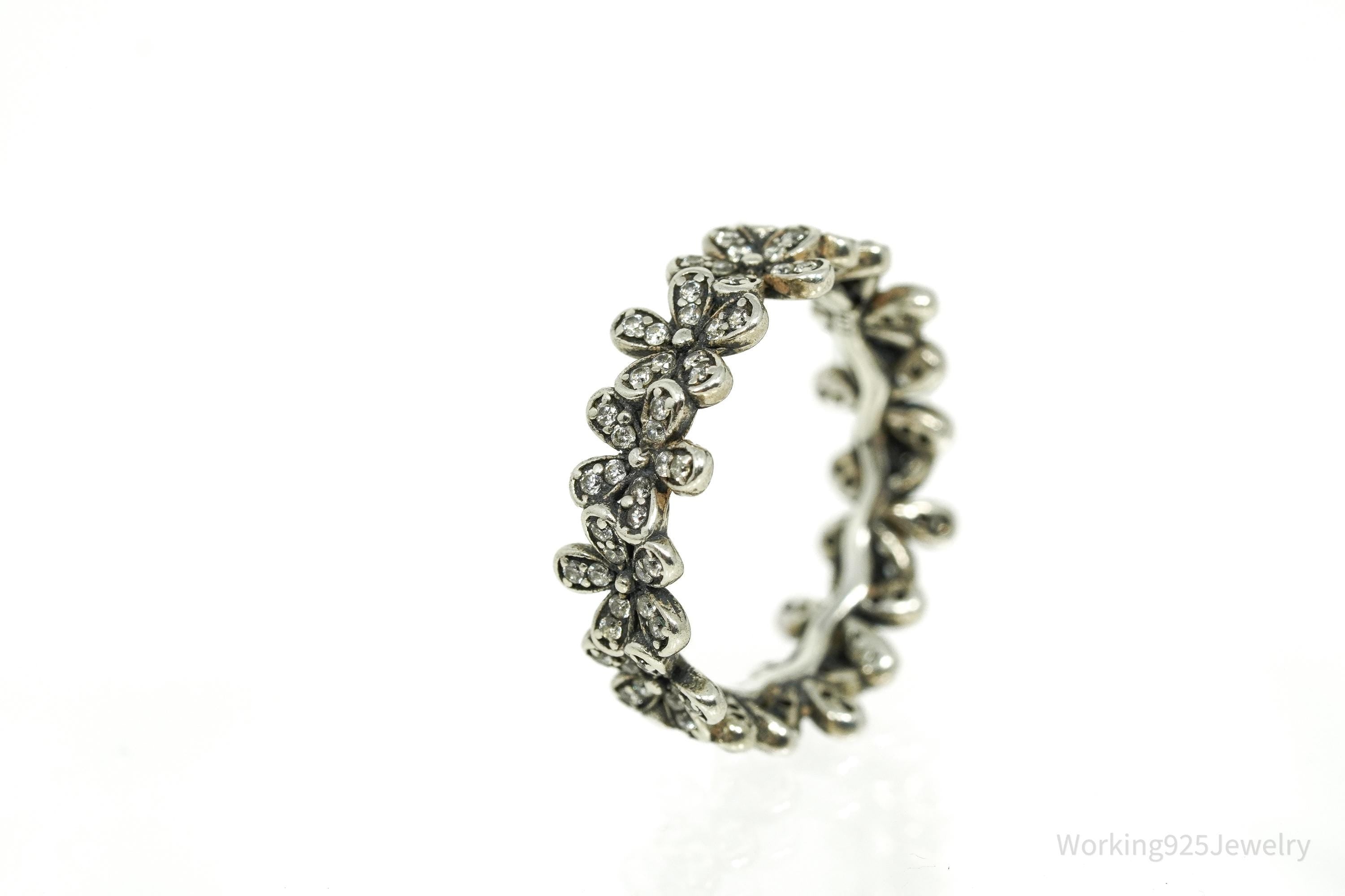Cubic Zirconia Daisies Sterling Silver Ring - Size 6.25