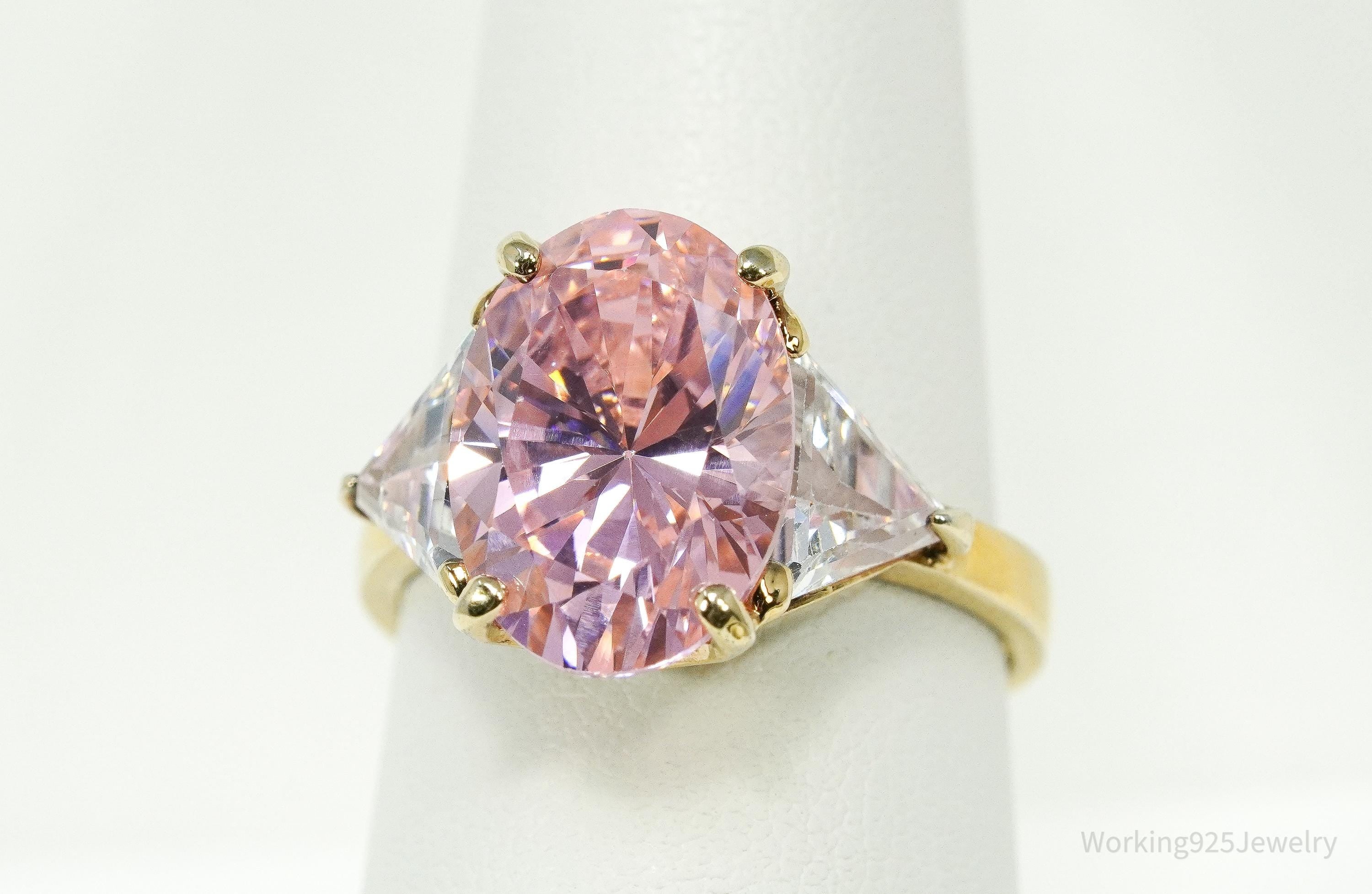 Vintage EDCO Pink & White Cubic Zirconia Gold Vermeil Sterling Silver Ring Size 8