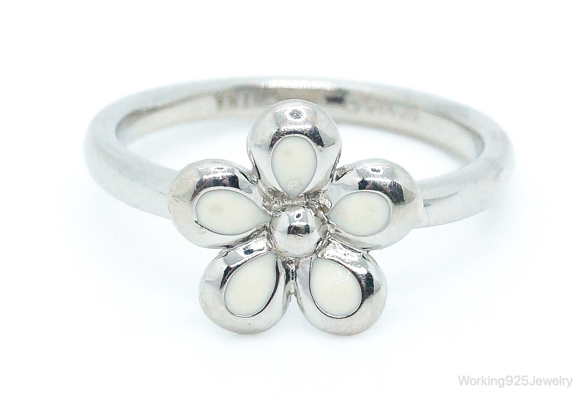 Vintage Enamel Flower Sterling Silver Ring - Size 10