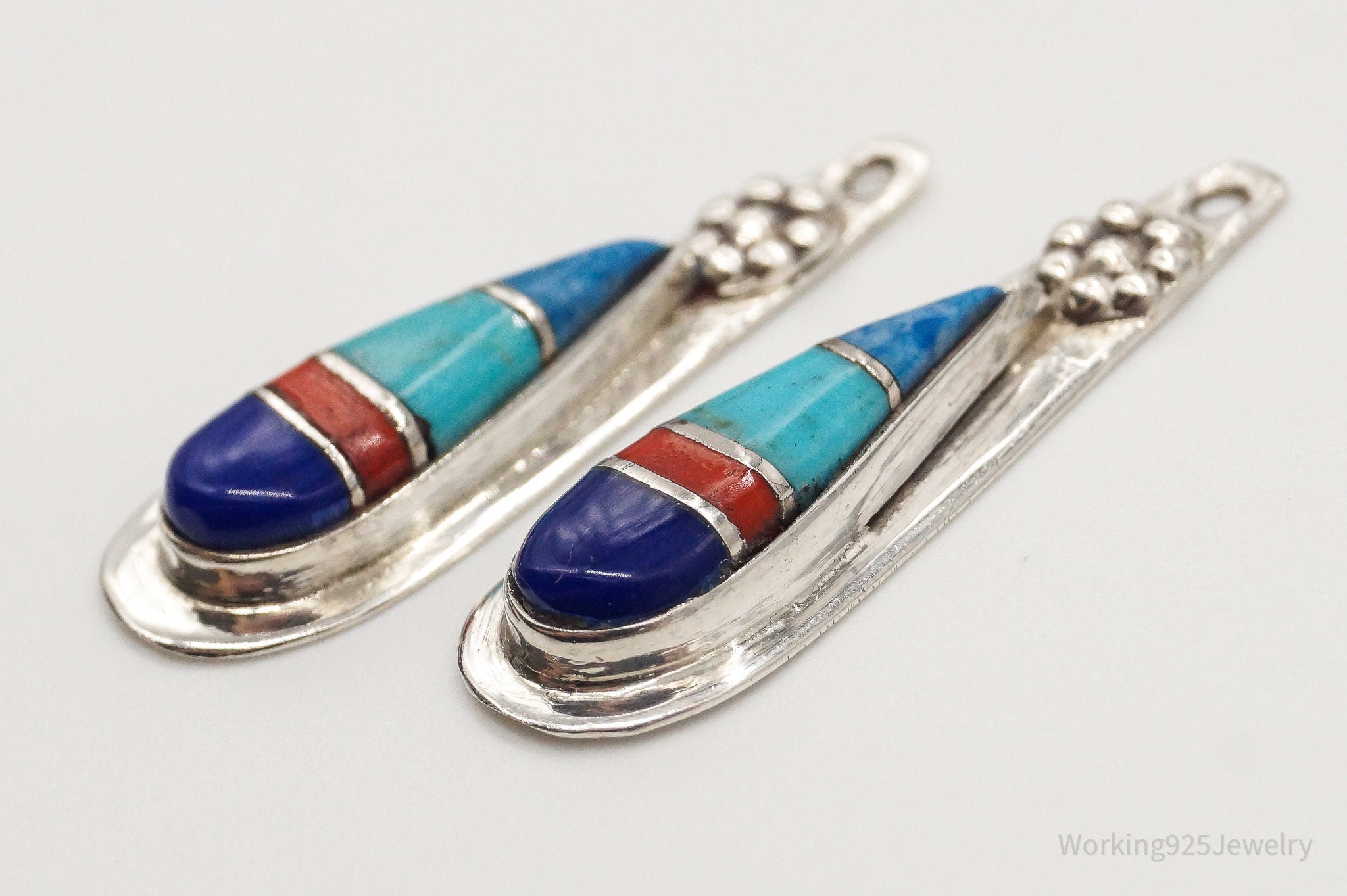 VTG Native American Turquoise Lapis Lazuli Coral Sterling Silver Earring Jackets