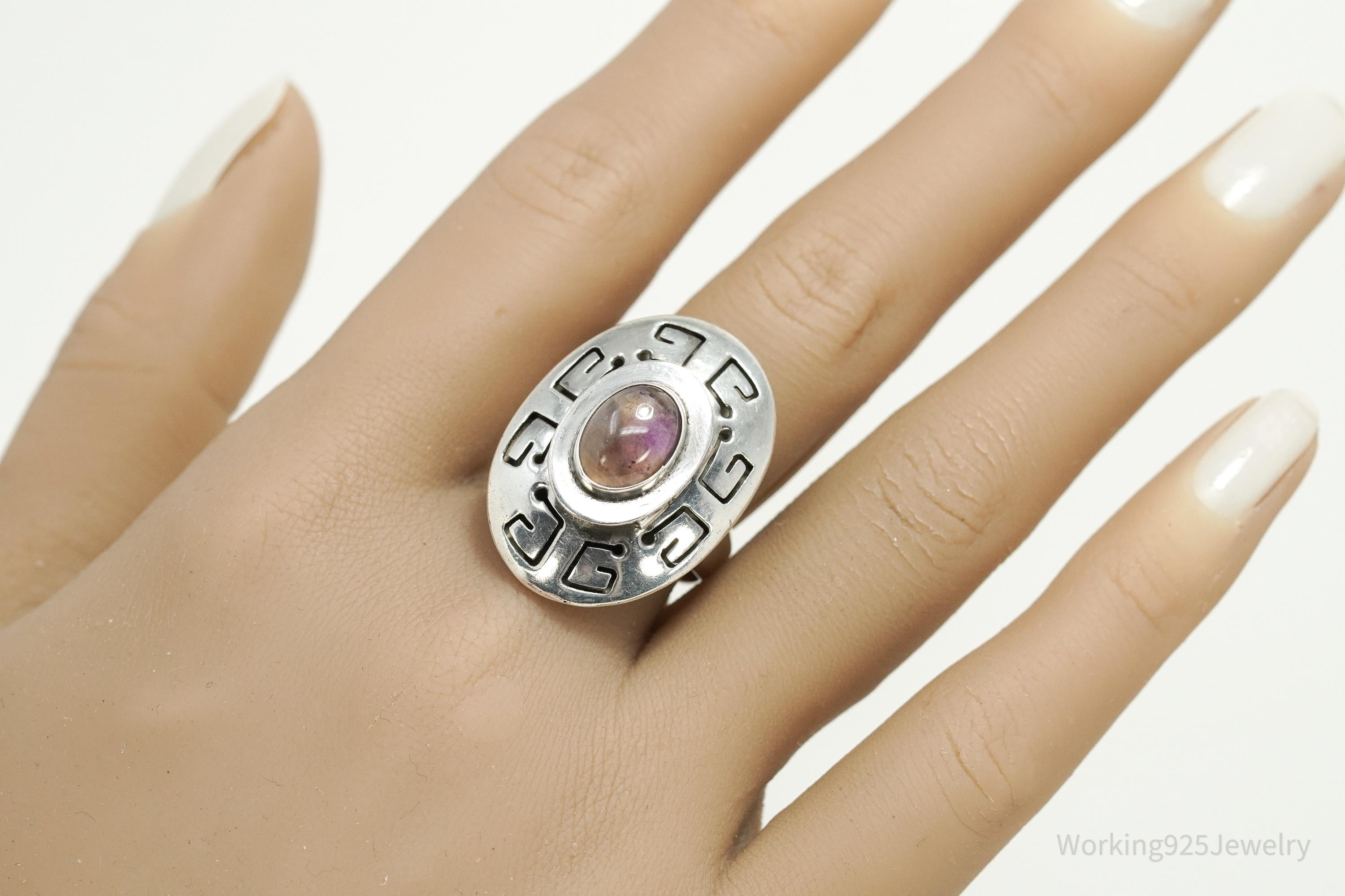 Vintage Mexico Amethyst Poison Ring Modernist Sterling Silver Size 8.75