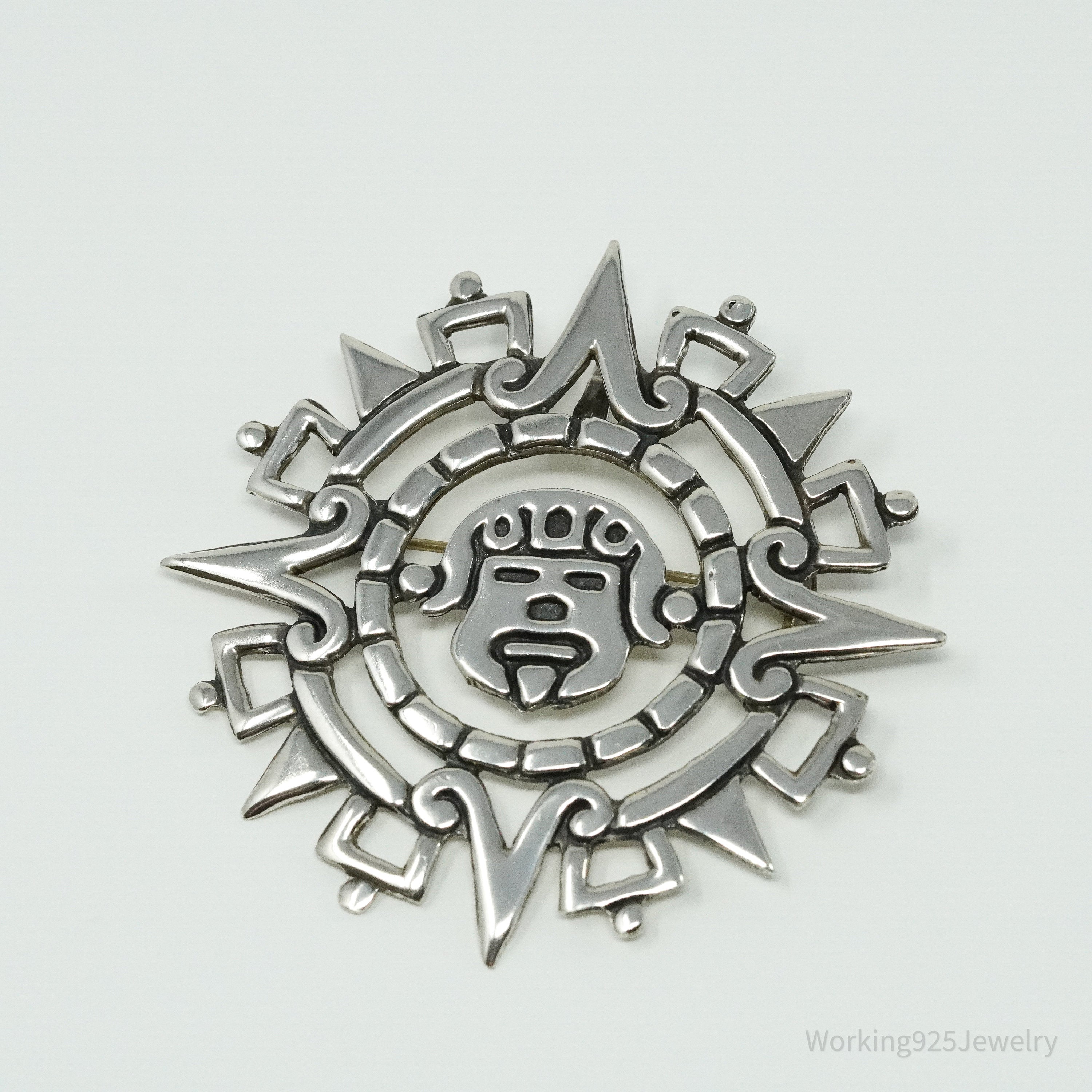 Large Vintage Mexico Aztec Mayan Sterling Silver Brooch Pin Pendant