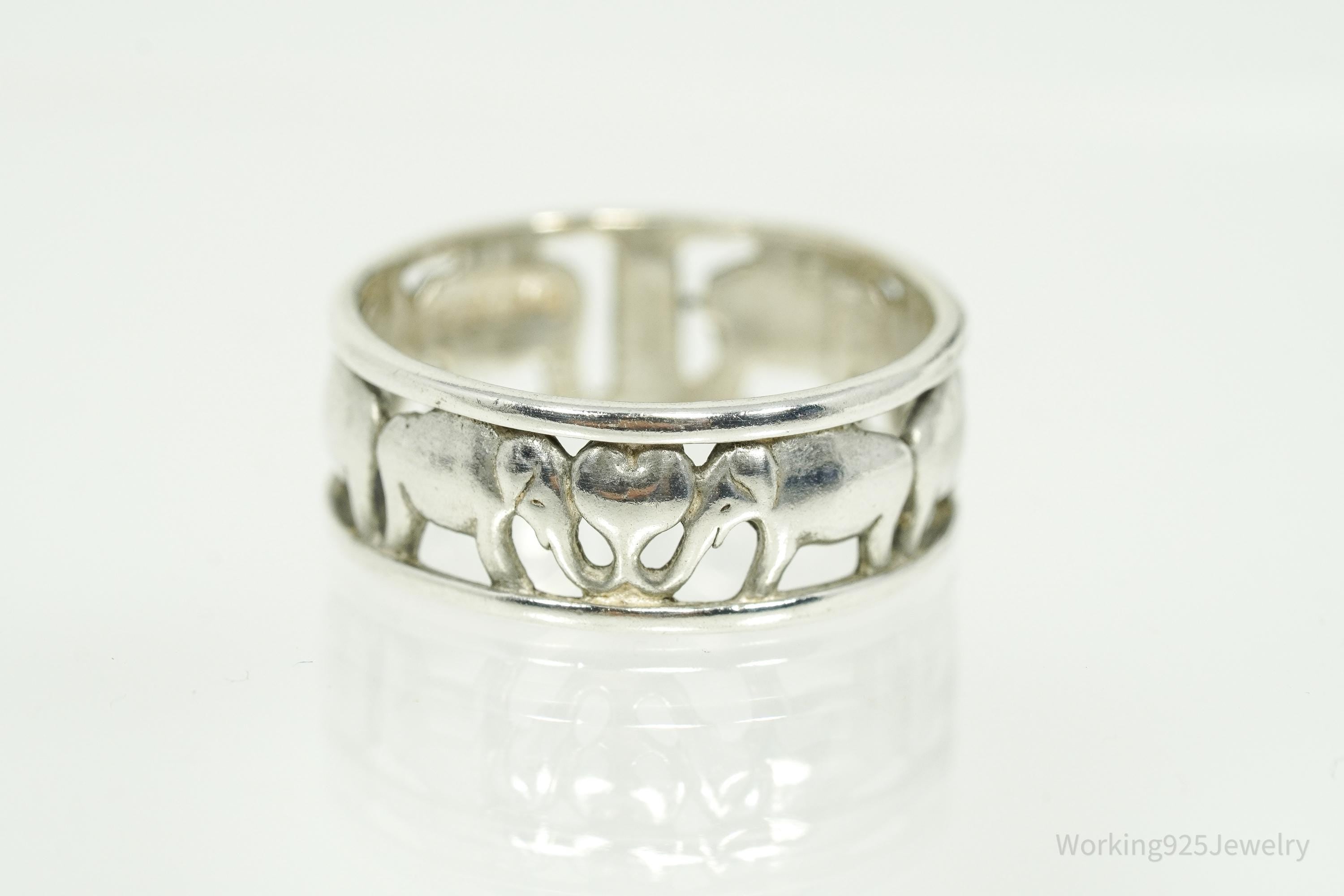 Vintage Elephants Sterling Silver Band Ring - Size 6.25