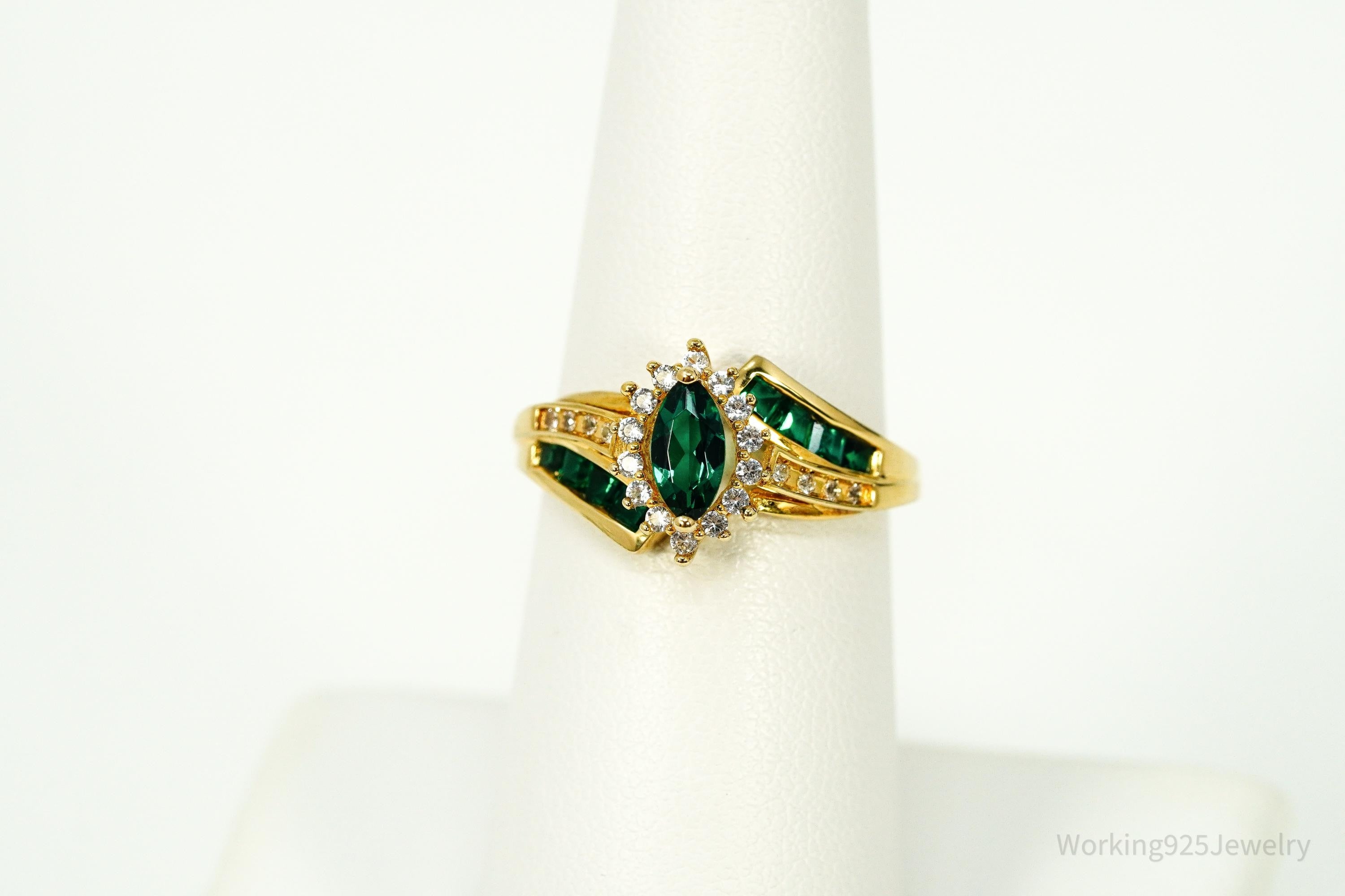 Vintage Emerald & White Sapphire Gold Vermeil Sterling Silver Ring - Size 7.25