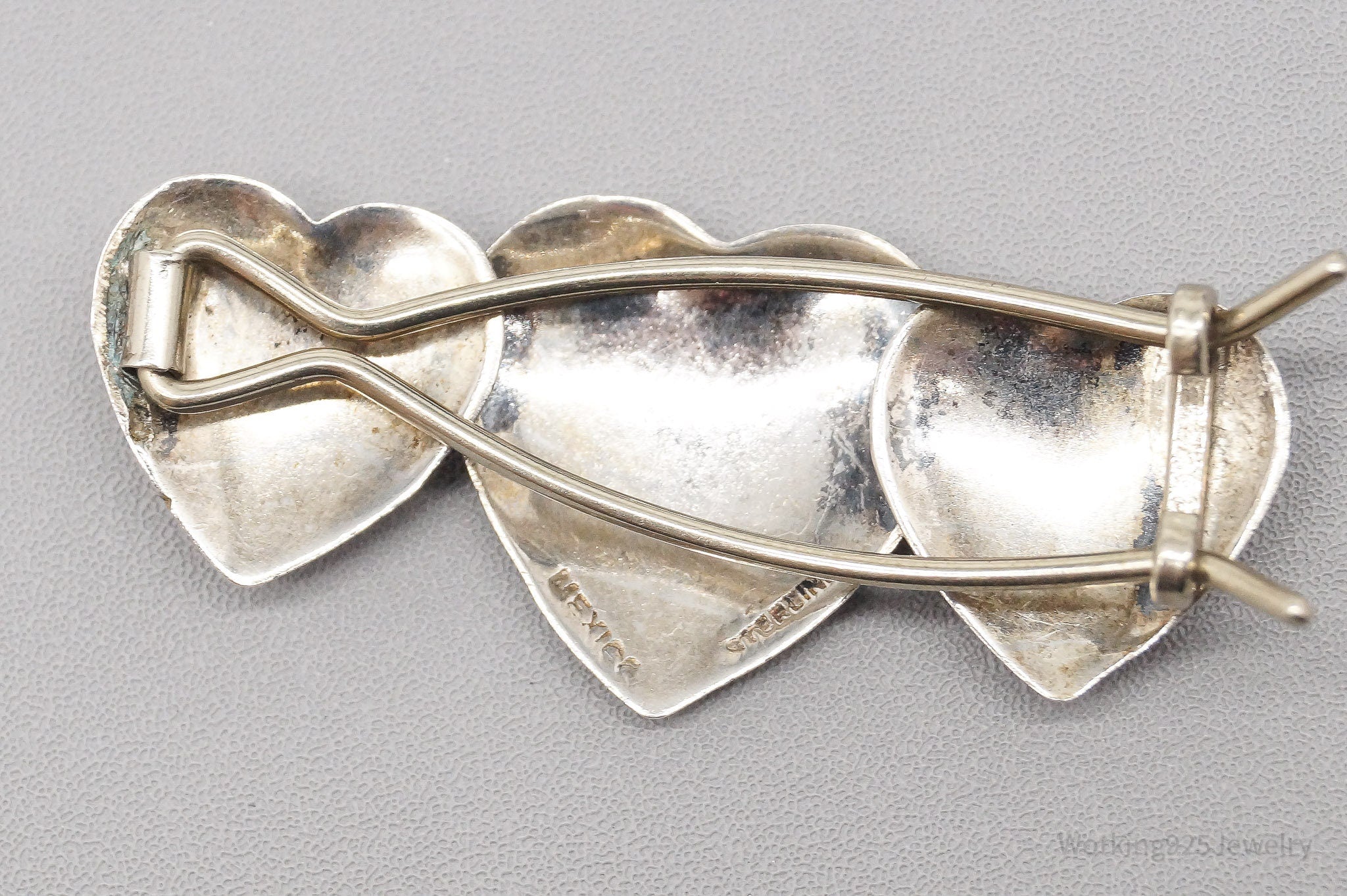 Vintage Floral Etched Hearts Sterling Silver Hair Barrette Clip