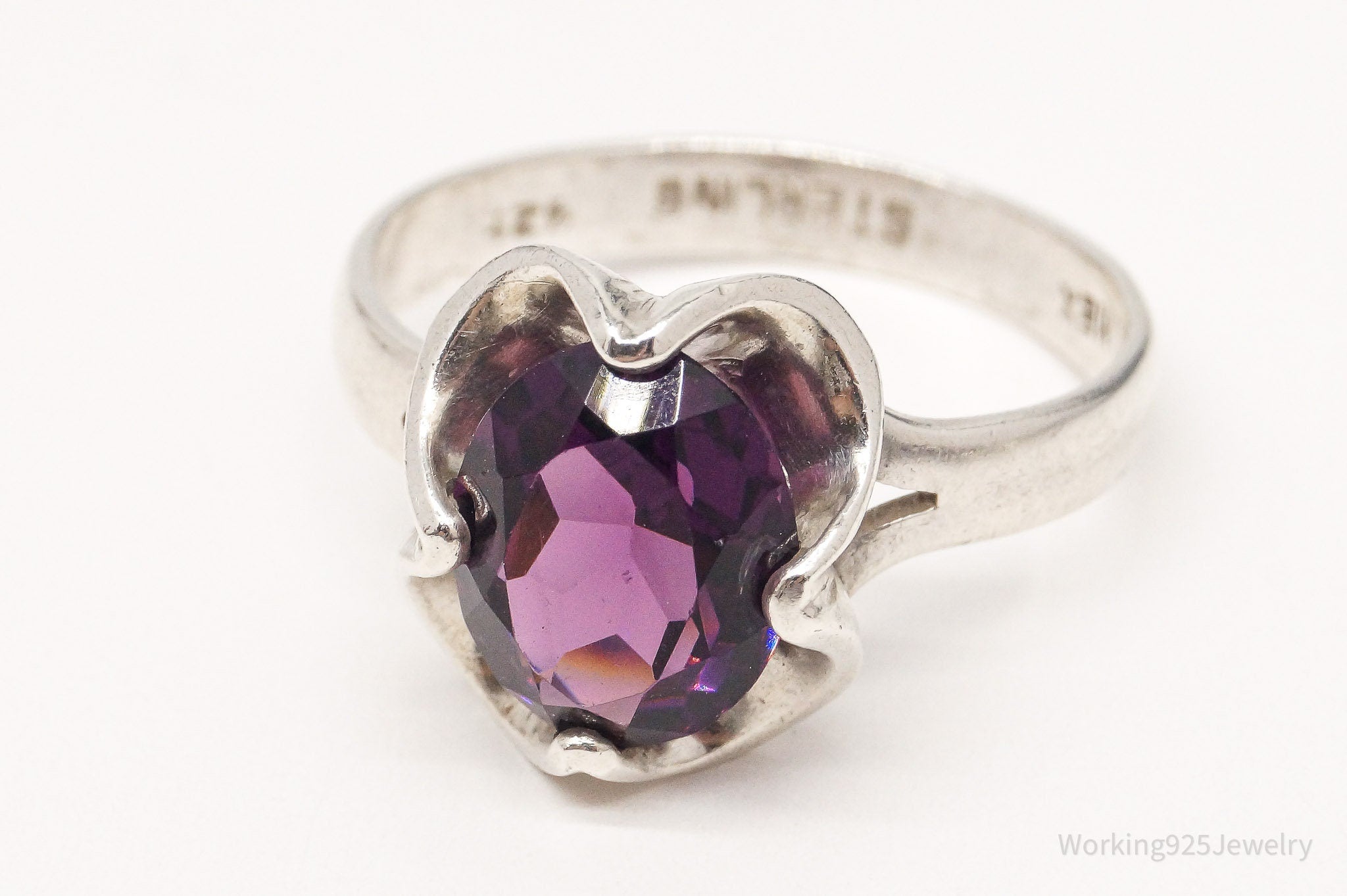 Vintage Mexico Sleek Purple Glass Stone Sterling Silver Ring - Size 8.25