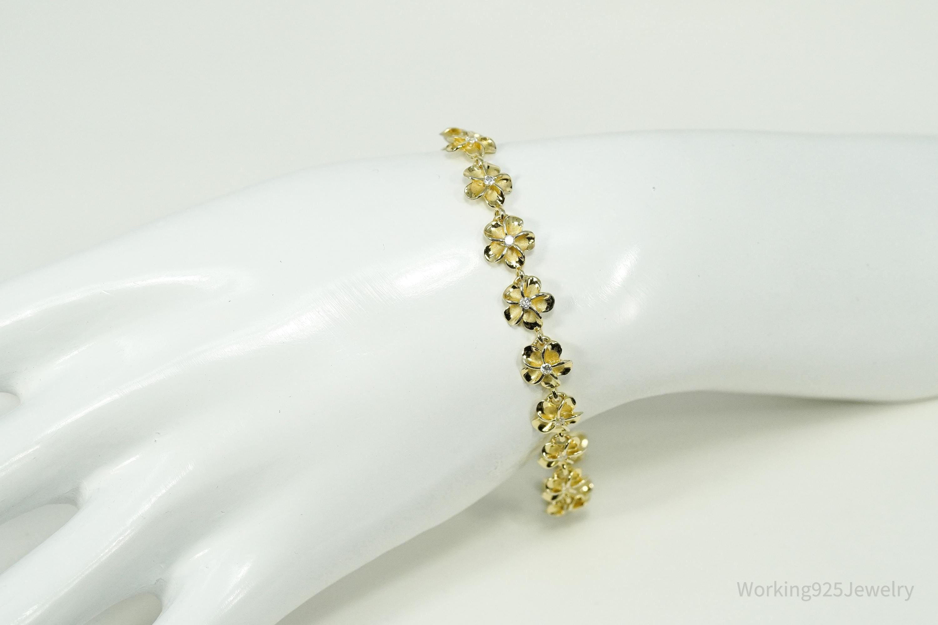 Vintage Cubic Zirconia Gold Vermeil Sterling Silver Flowers Tennis Bracelet 7.75"