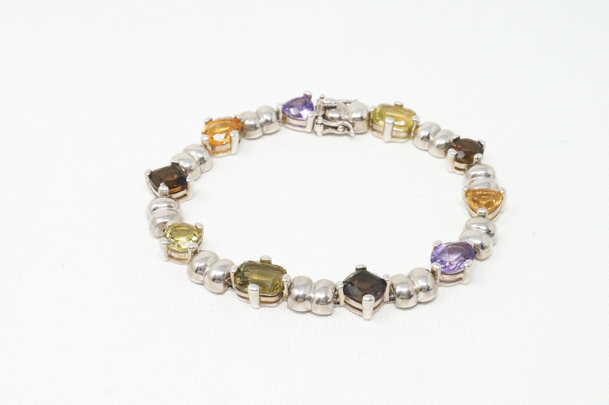 Vintage Multi Gem Amethyst Smoky Topaz Citrine Peridot Sterling Silver Bracelet