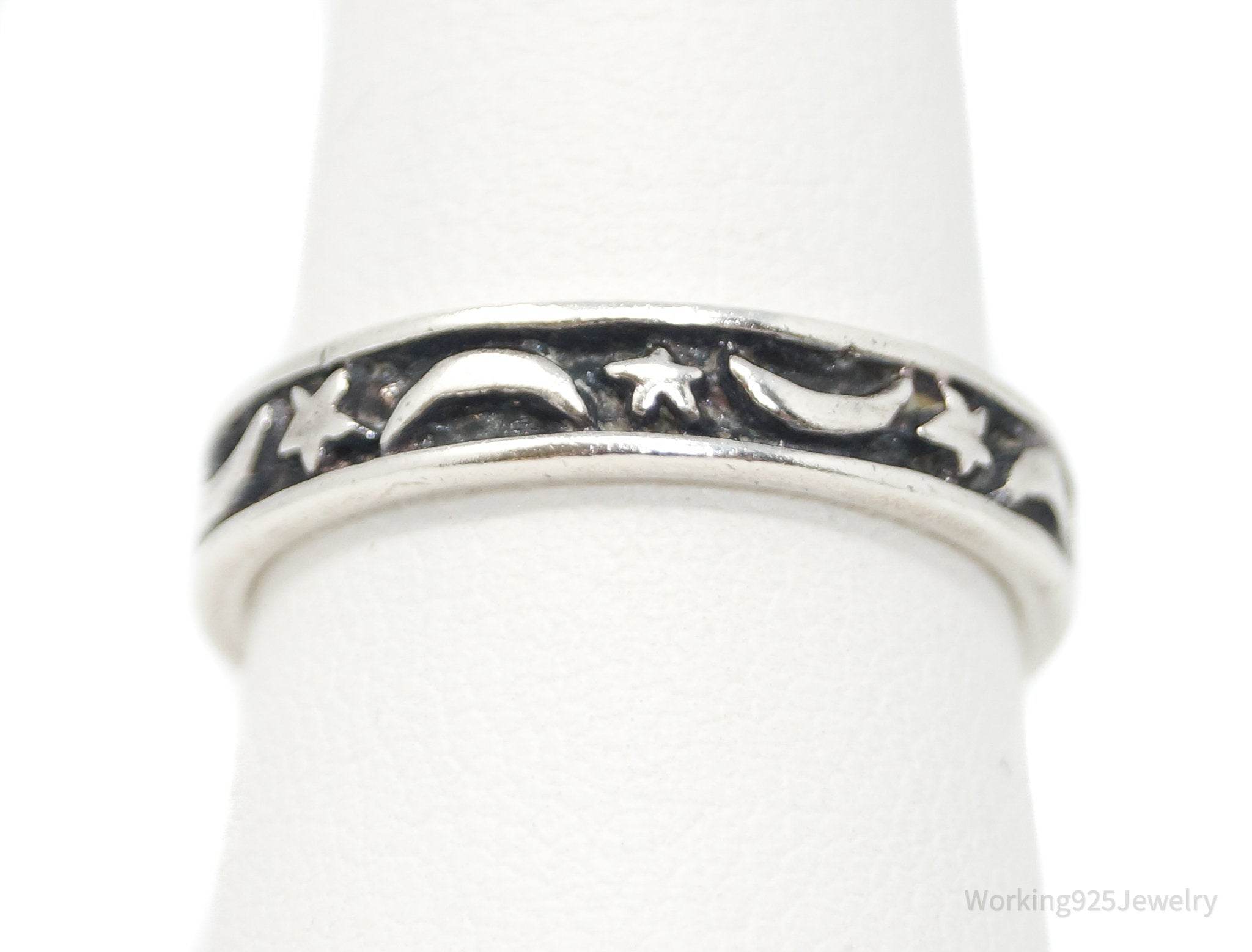 Vintage Star Galaxy Moon Lunar Oxidized Sterling Silver Band Ring - Size 7