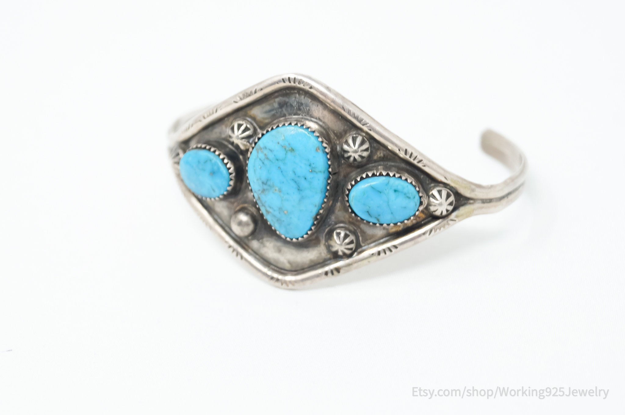 Vintage Native Handmade Unsigned Turquoise Sterling Silver Cuff Bracelet