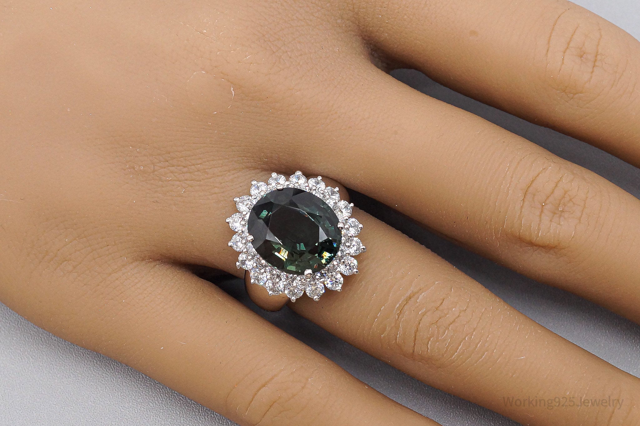 Large Lab Bluish Green Spinel & Cubic Zirconia Sterling Silver Ring Size 6.5