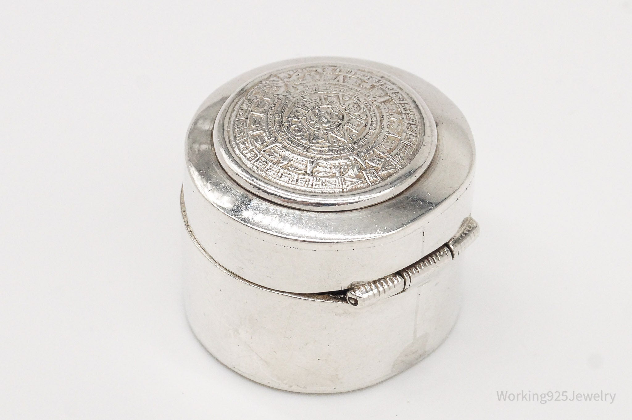 Vintage Mexico Mayan Calendar Sterling Silver Pill Box Trinket Box