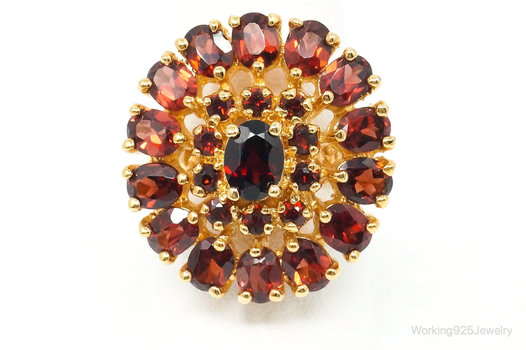 Vintage Red Garnet Cluster Gold Vermeil Sterling Silver Statement Ring Size 8