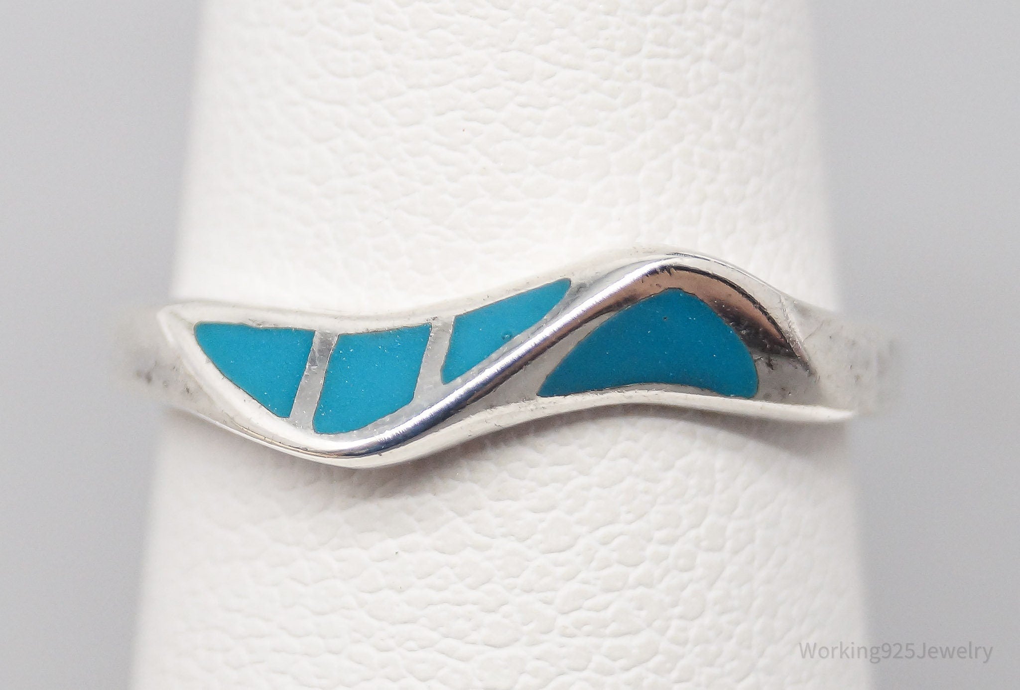 Vintage Modernist Style Blue Enamel Inlay Sterling Silver Ring - Size 5.75