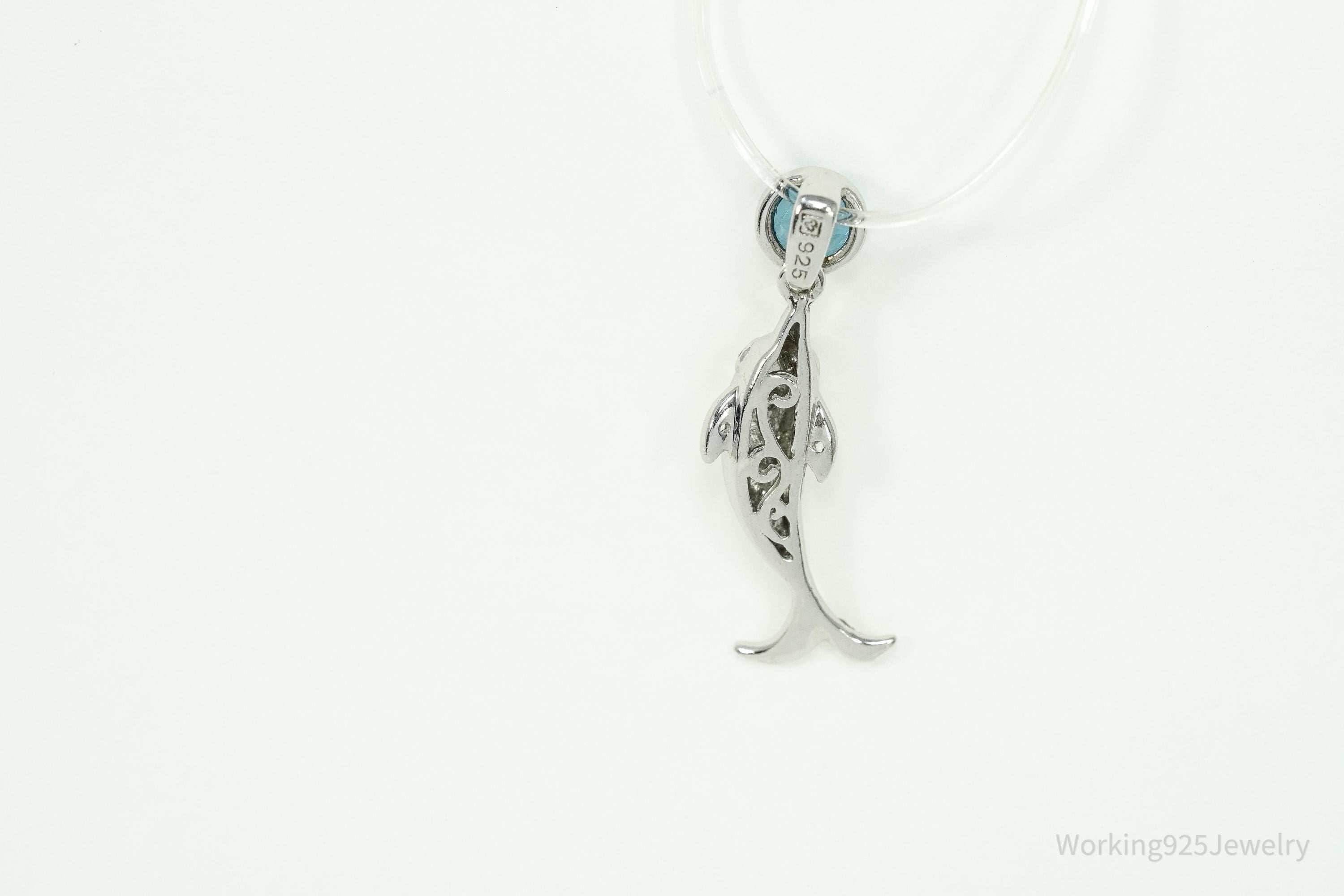 Vintage Blue Topaz Dolphin Sterling Silver Necklace Pendant 1 1/8"