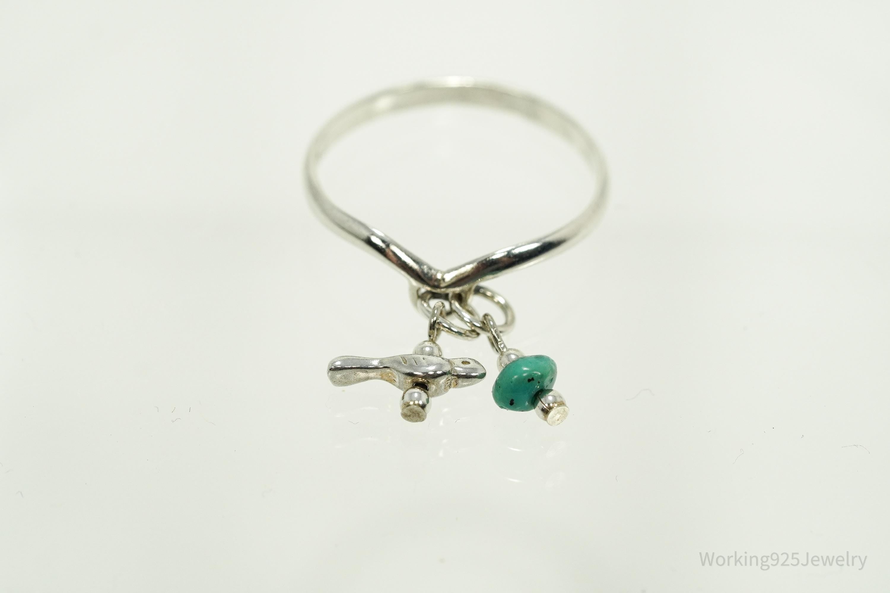 Vintage Native American Turquoise Nugget & Bird Charm Sterling Silver Ring - Size 9.25