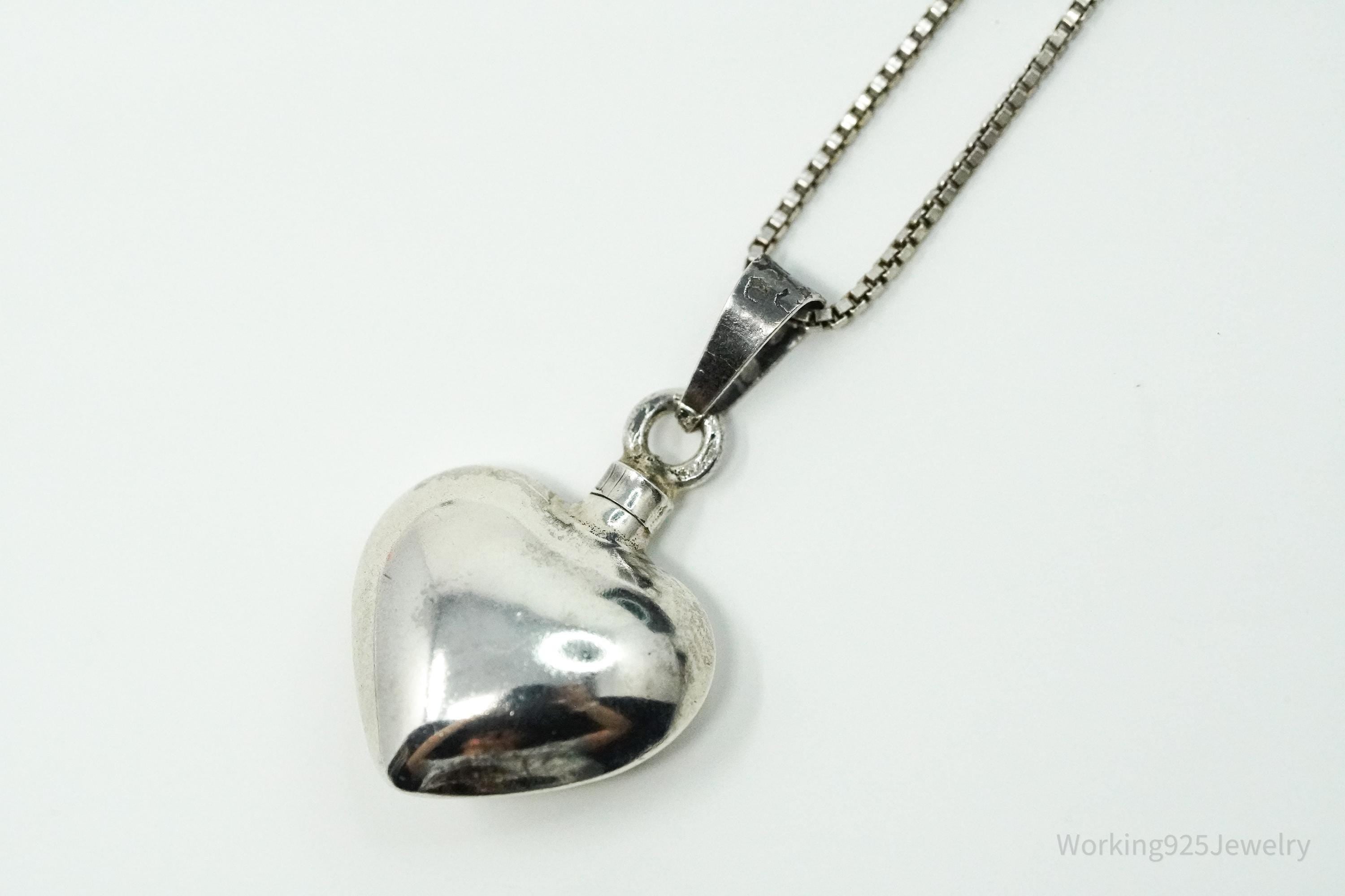 Vintage Mexican Heart Perfume Poison Bottle Sterling Silver Chain Necklace 20"