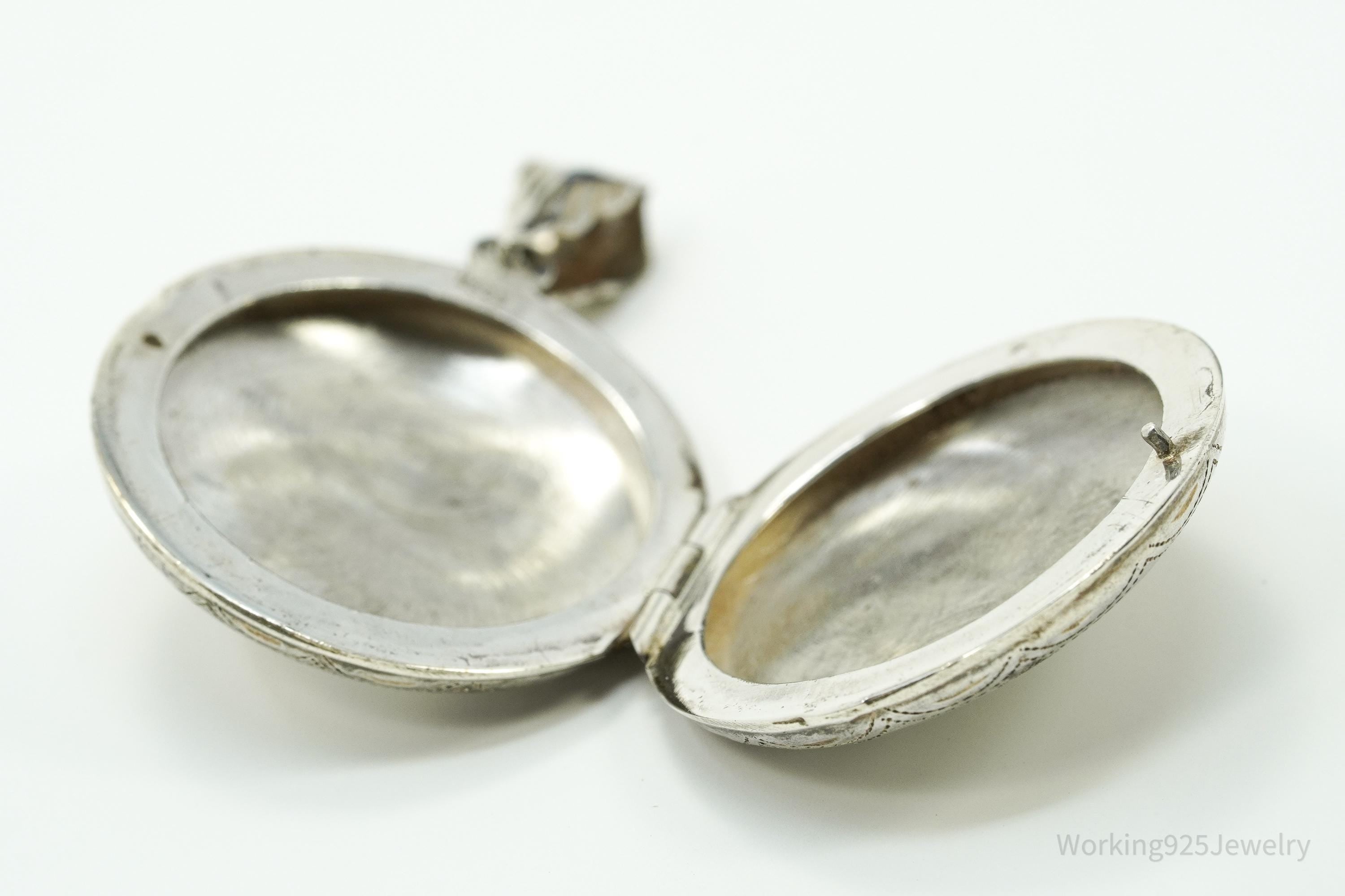 Vintage Round Etched Locket Sterling Silver Charm Pendant