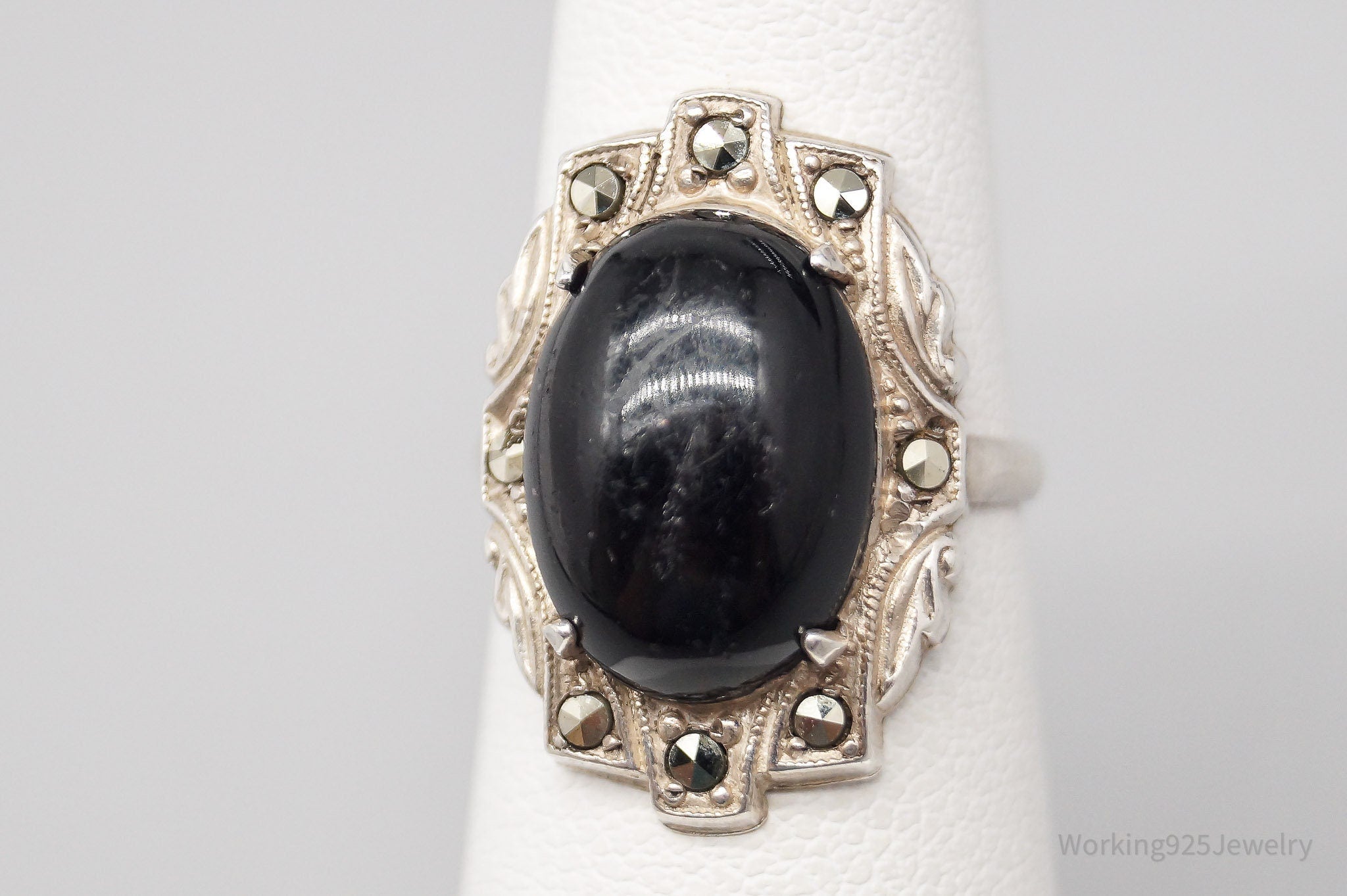 Antique Art Deco Black Onyx Marcasite Sterling Silver Ring - Size 5