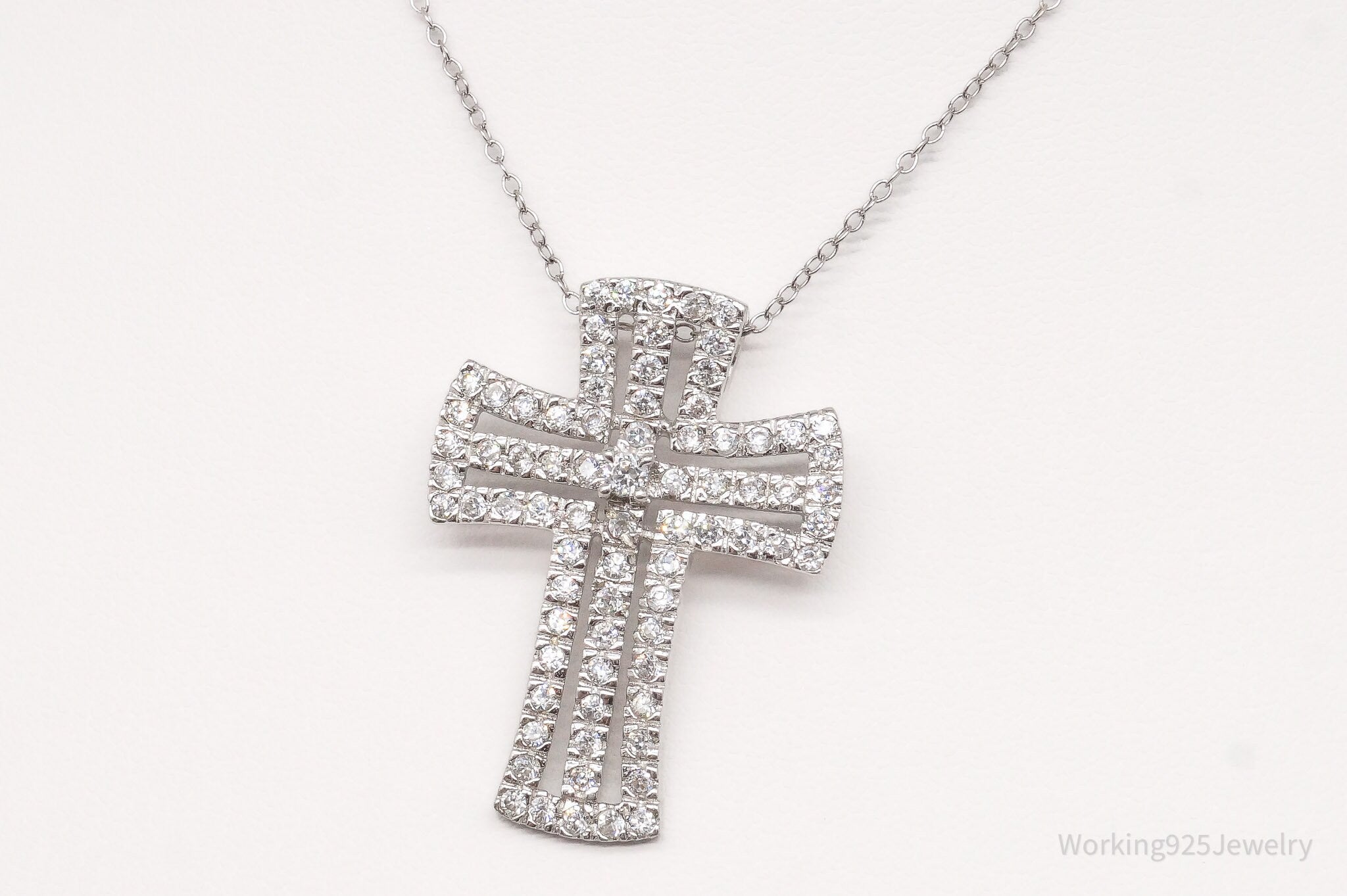 Vintage Cubic Zirconia Cross Sterling Silver Necklace 18"