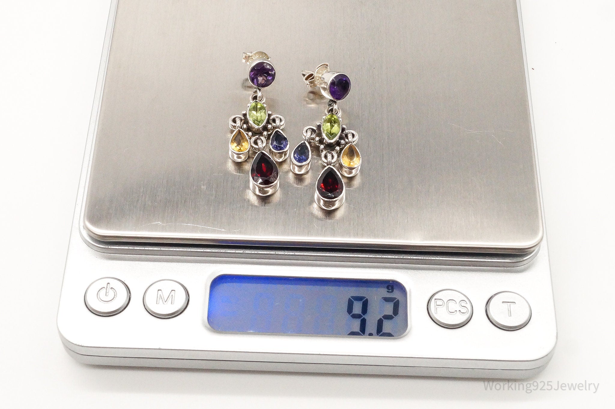 Vintage Multi Gemstone Bali Style Sterling Silver Earrings