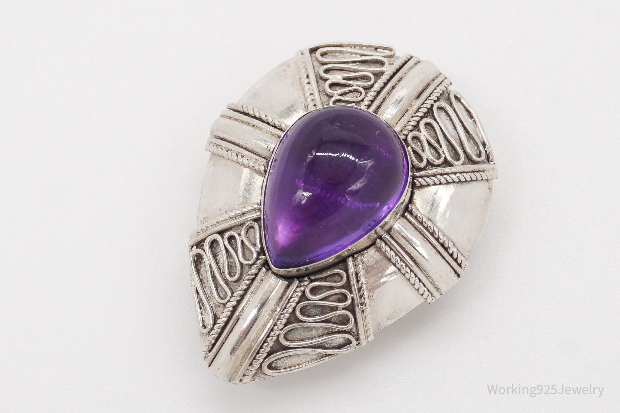 Vintage Amethyst Bali Style Sterling Silver Brooch Pin Pendant