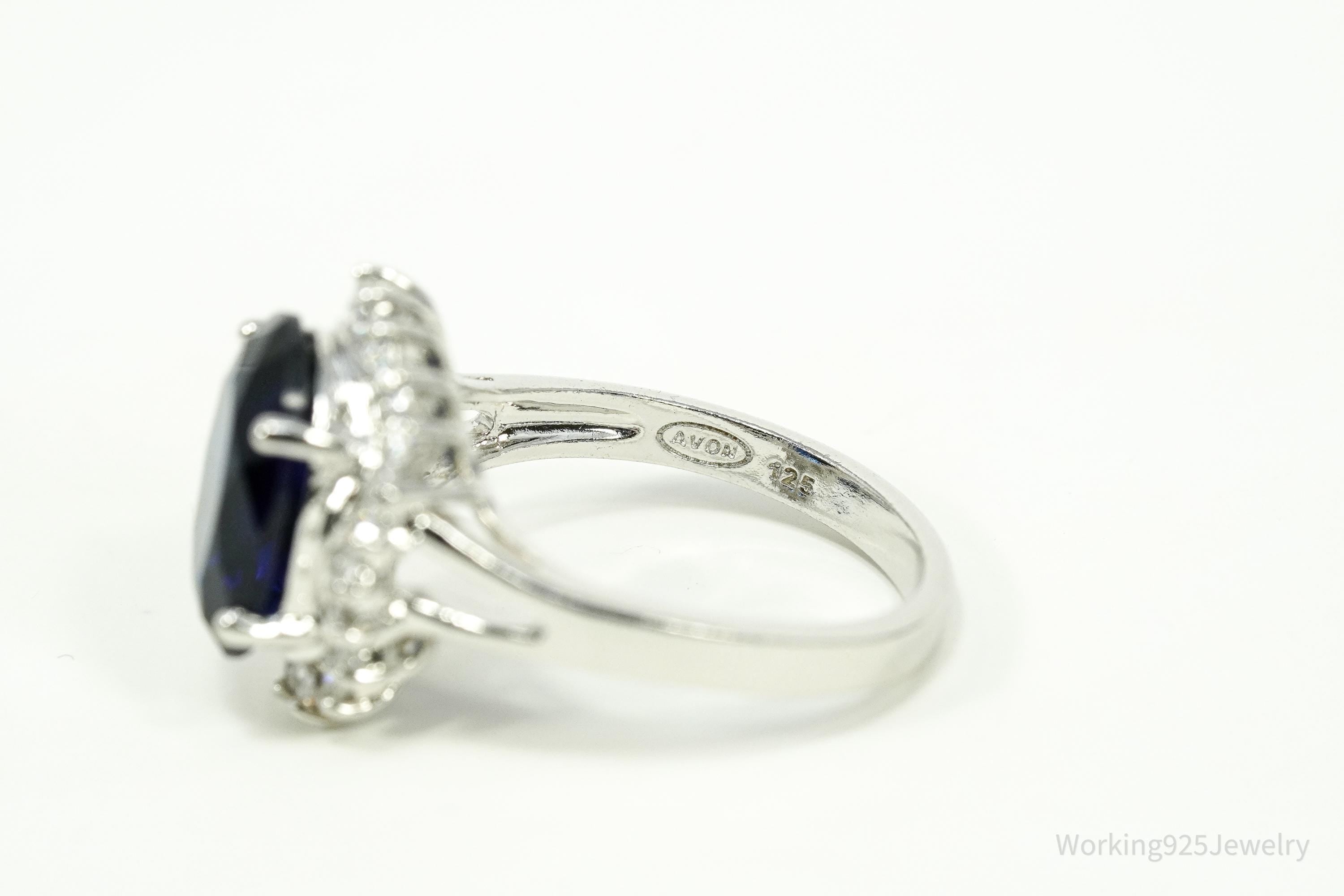 Vintage Avon RJ Simulated Blue Sapphire & Cubic Zirconia Sterling Silver Ring Size 10