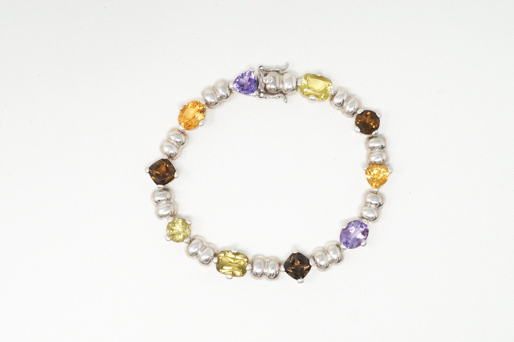 Vintage Multi Gem Amethyst Smoky Topaz Citrine Peridot Sterling Silver Bracelet