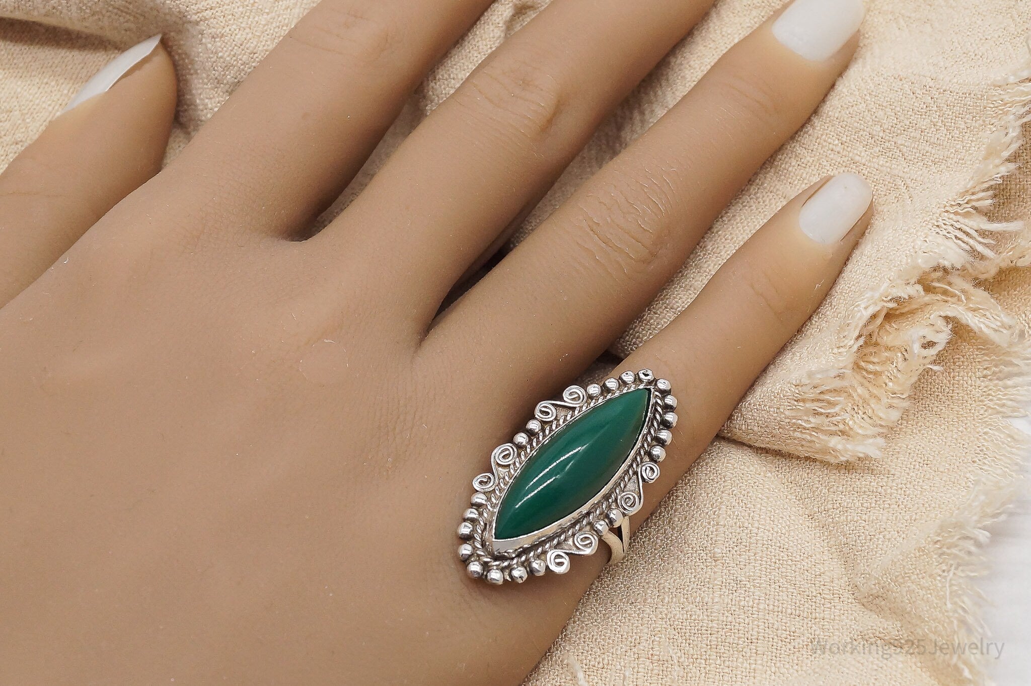 Vintage Mexico Green Onyx Southwestern Silver Ring - Size 6.25