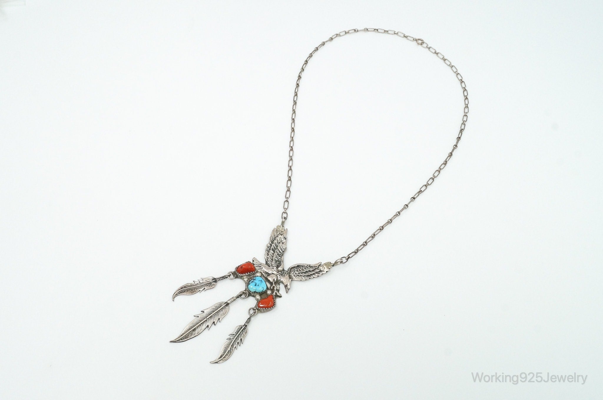 VTG Native American Richard Begay Turquoise Coral Sterling Silver Necklace