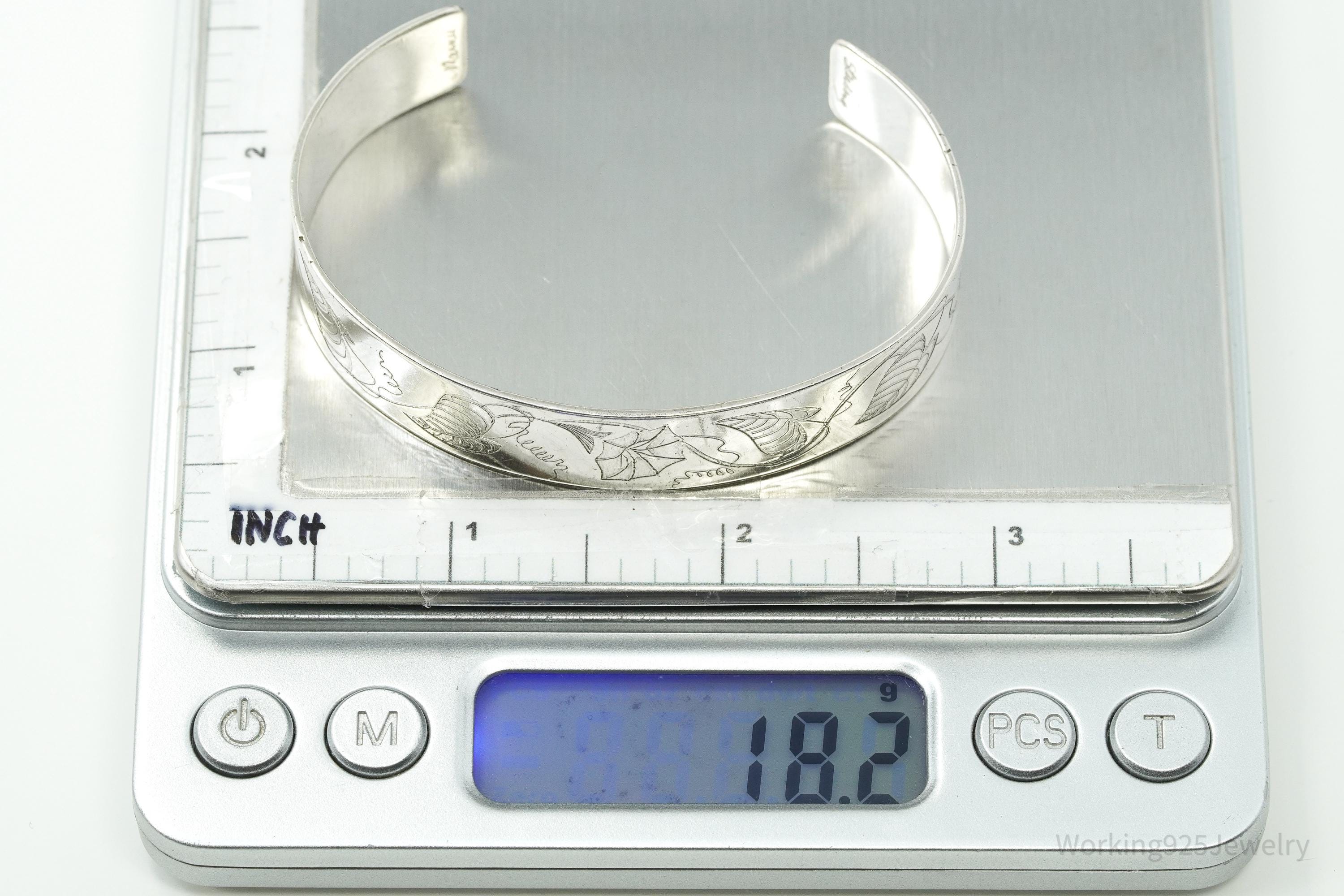 Vintage Floral Pattern Flowers Sterling Silver Cuff Bracelet 6.75"