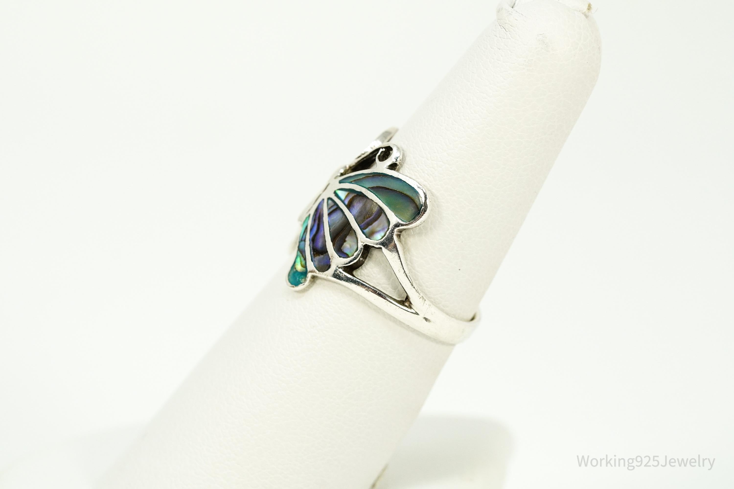 Vintage Abalone Paua Shell Inlay Sterling Silver Butterfly Ring - Size 7