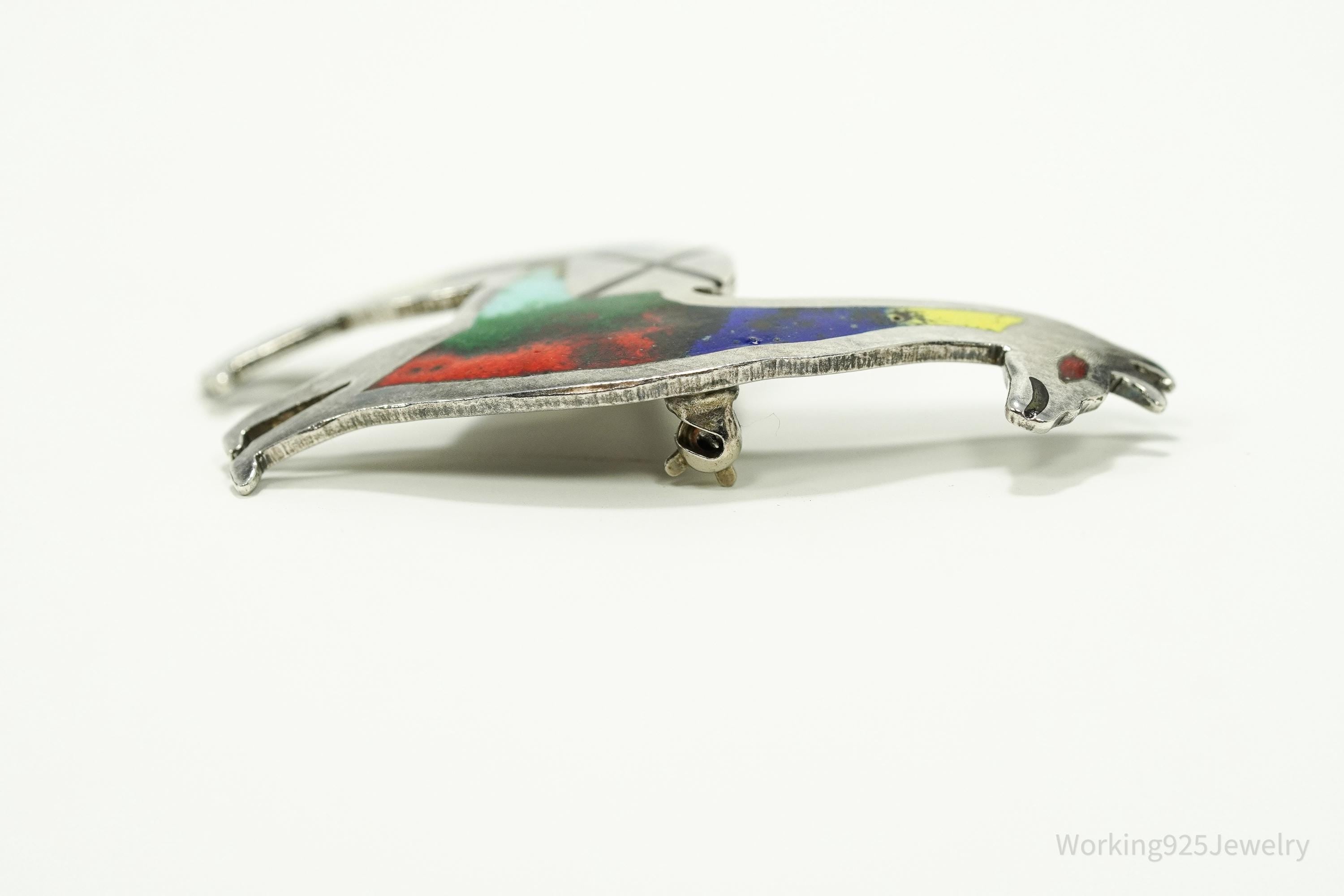 Vintage Peruvian Rainbow Enamel Llama Sterling Silver Brooch Pin