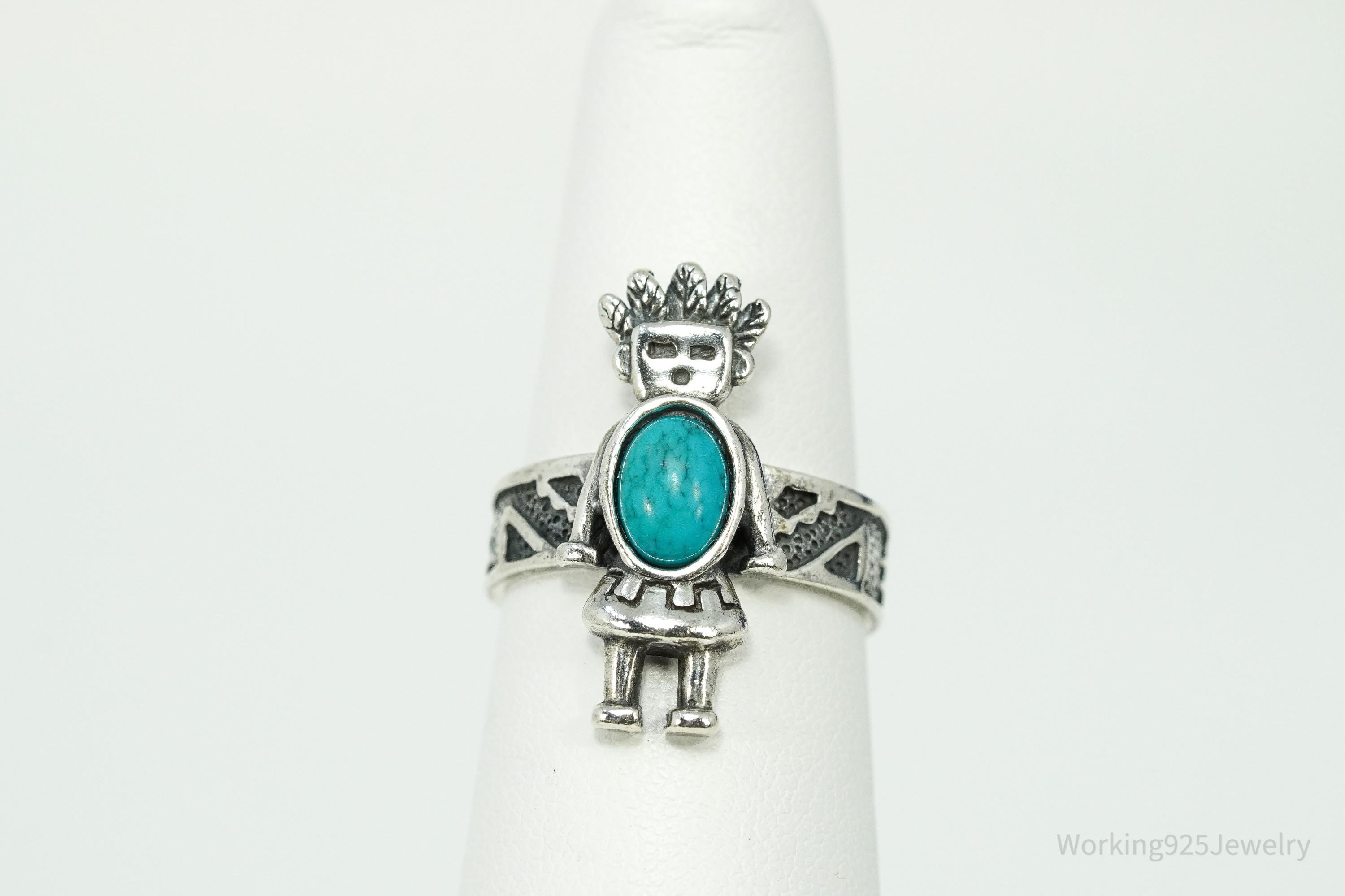 VTG Native American Carolyn Pollack Turquoise Sterling Kachina Ring - Size 6.25