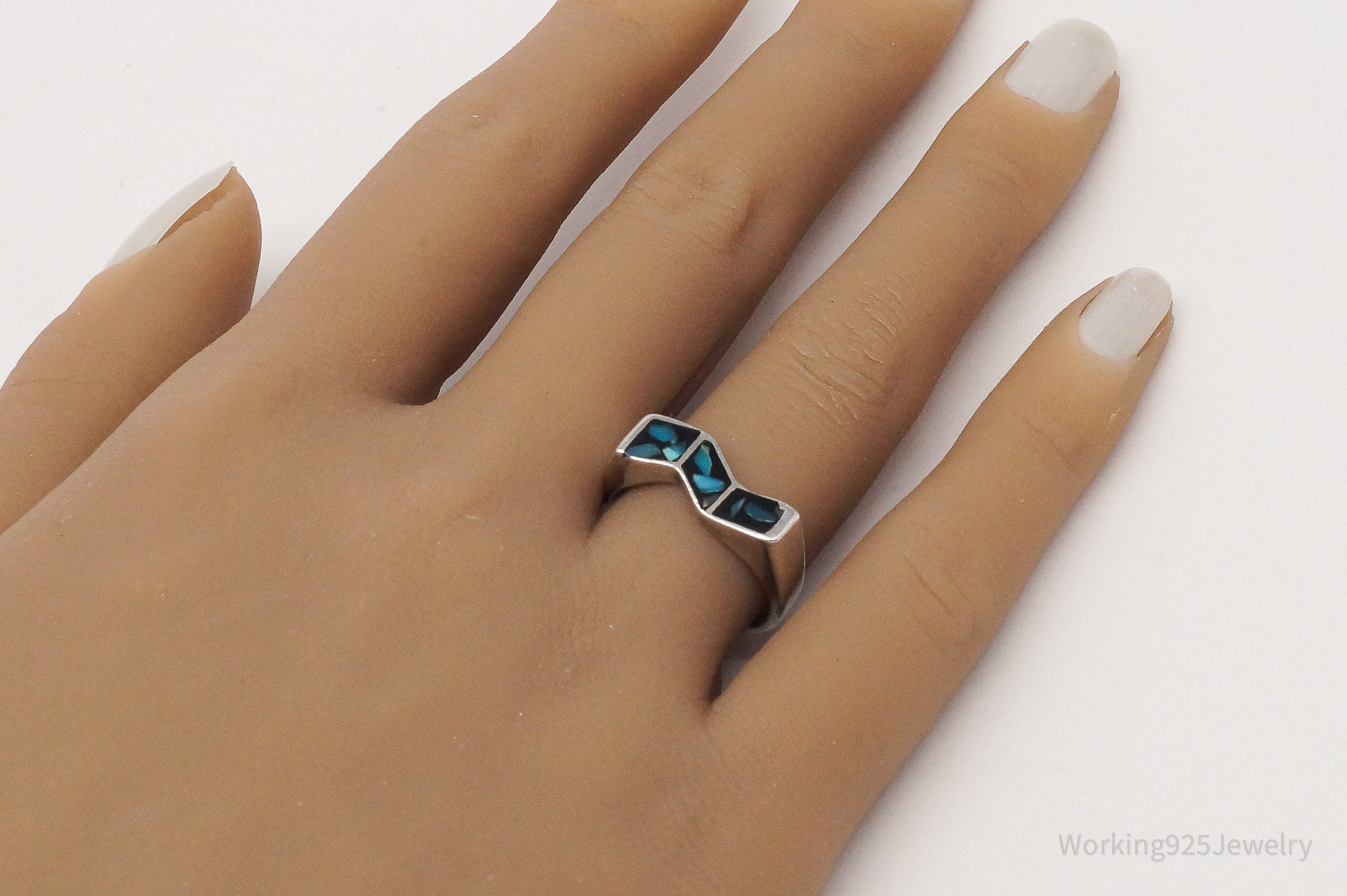 Vintage Blue Turquoise Inlay Sterling Silver Ring - Size 7