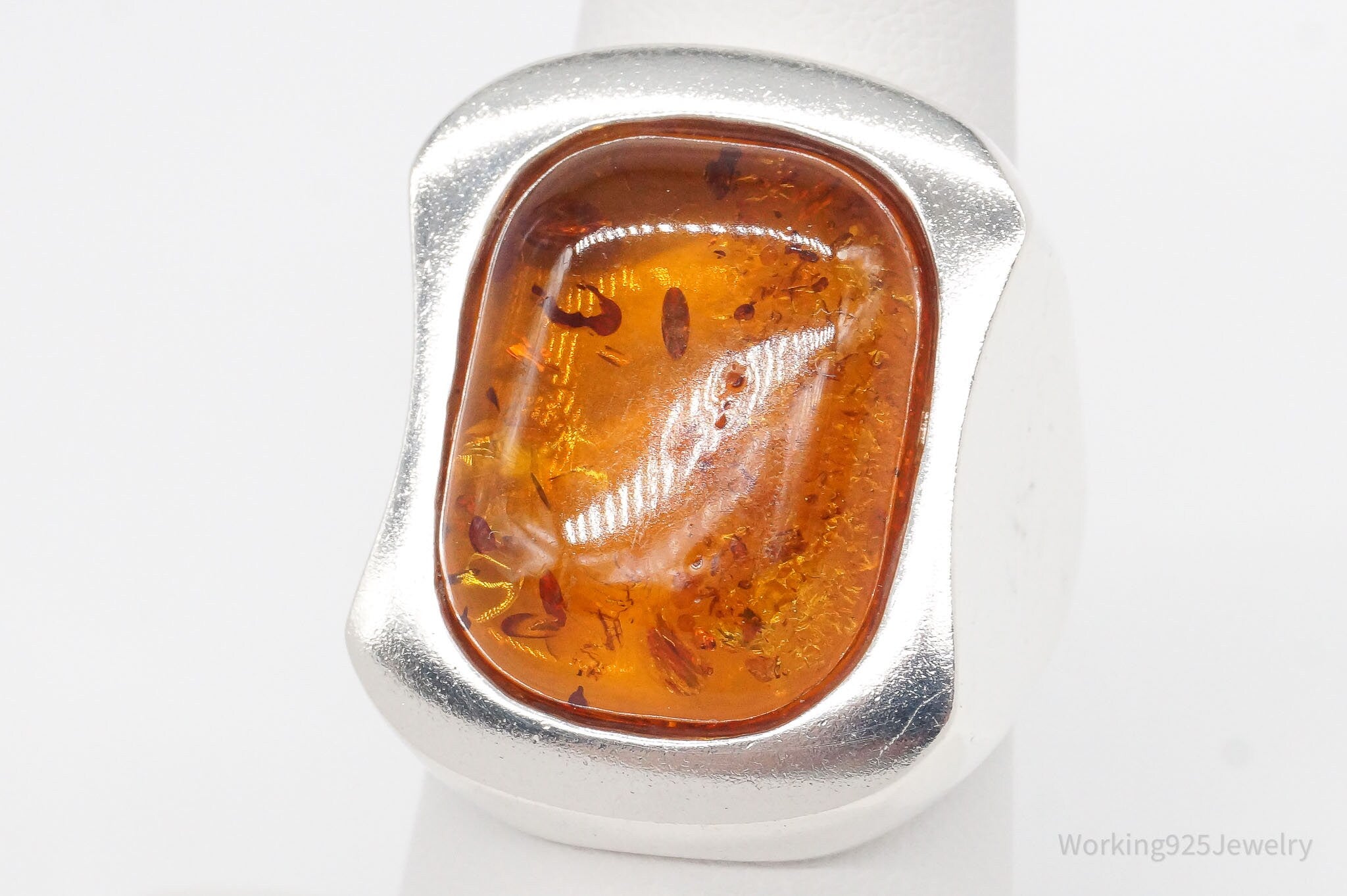 Vintage Large Amber Modernist Sterling Silver Ring - Size 7.25