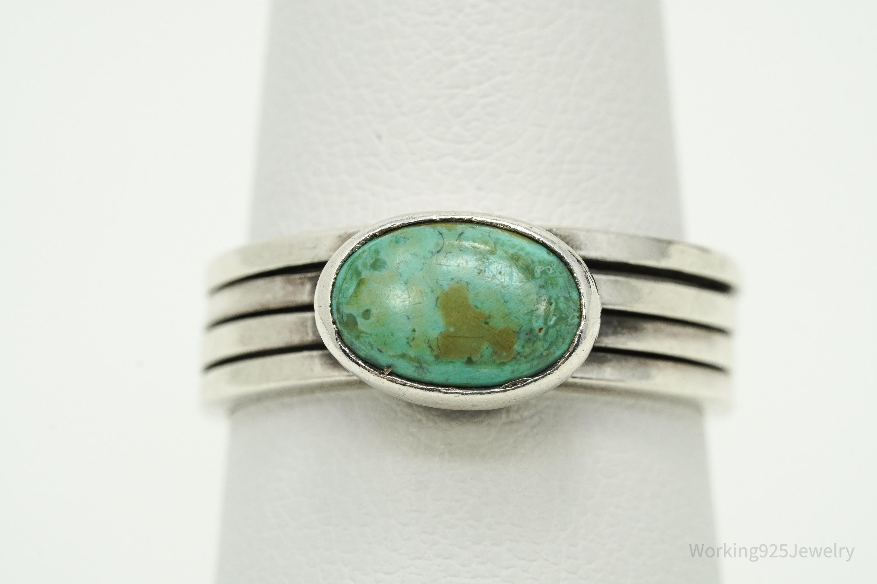 Vintage Native American Style Turquoise Silver Band Ring - Size 7.5