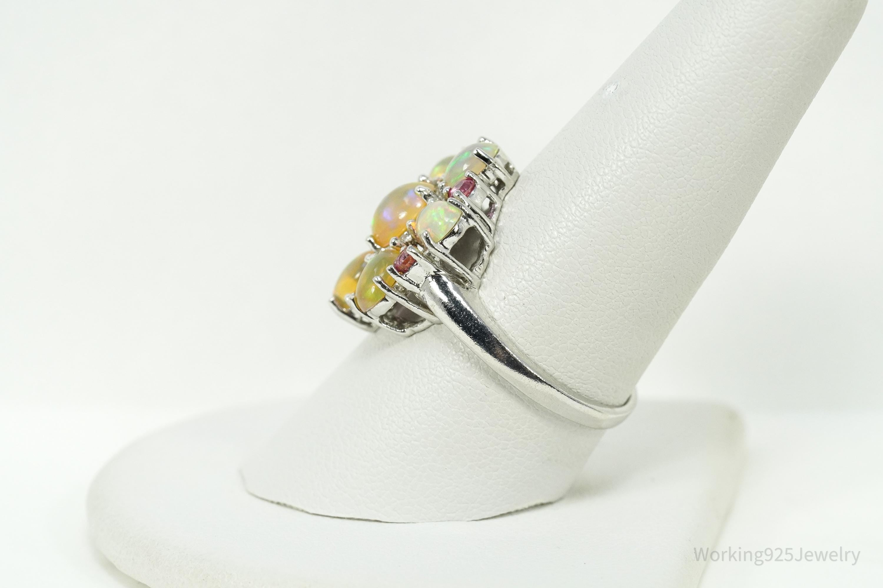Vintage Opal & Pink Topaz Sterling Silver Ring - Size 9