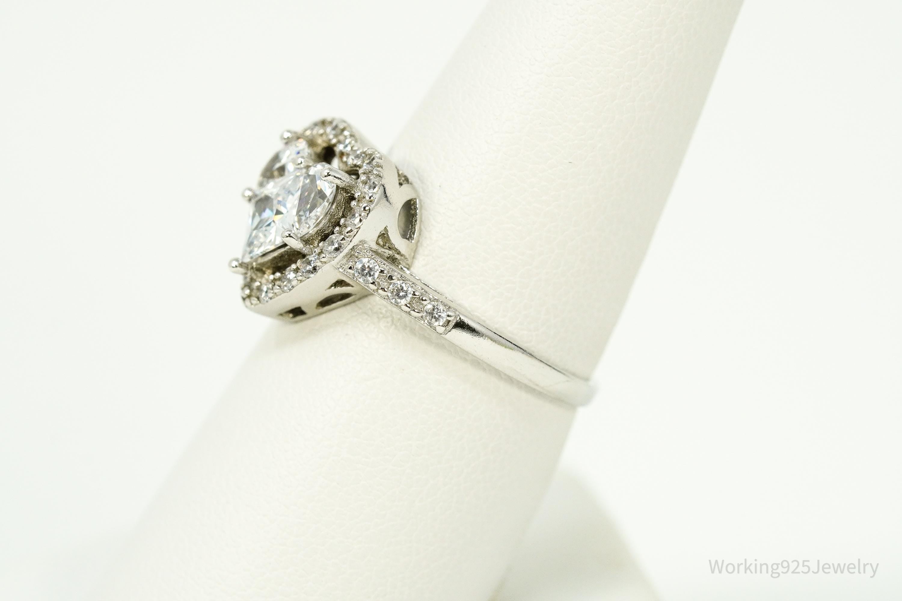 Vintage Cubic Zirconia Heart Sterling Silver Ring - Size 8