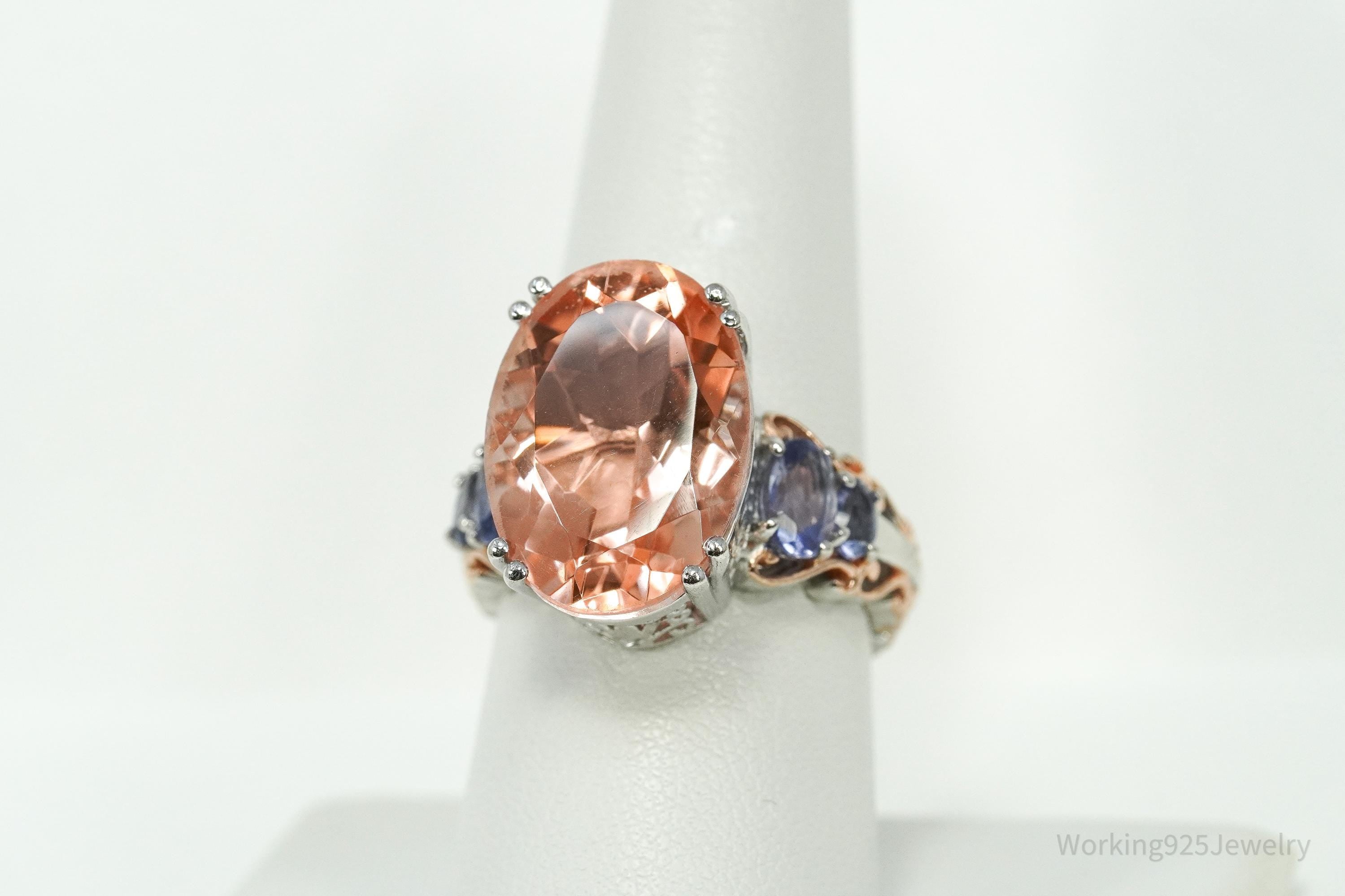 Vintage Chuck Clemency Peach Quartz & Iolite Rose Gold Plated Sterling Silver Ring - Size 8.25