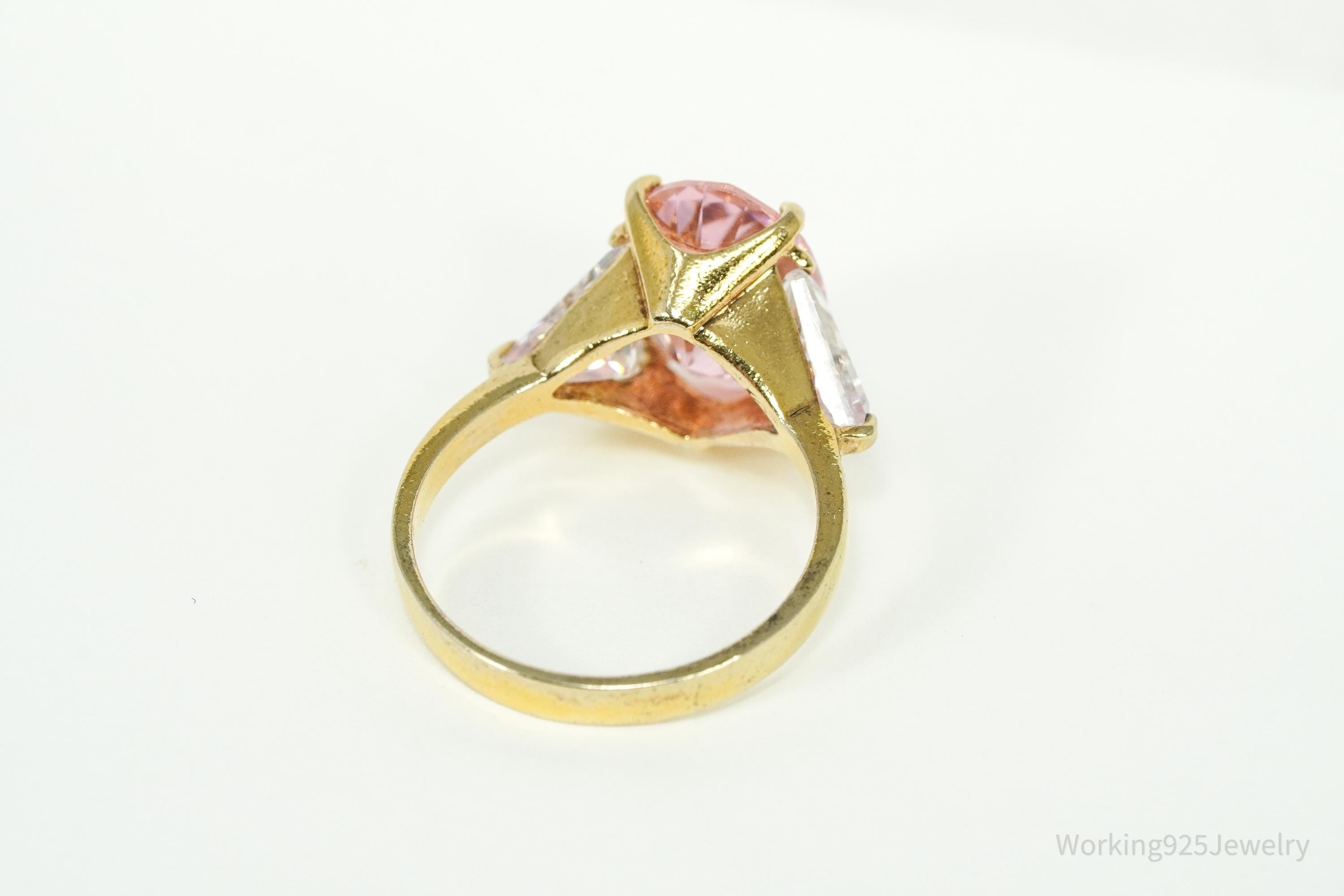 Vintage EDCO Pink & White Cubic Zirconia Gold Vermeil Sterling Silver Ring Size 8