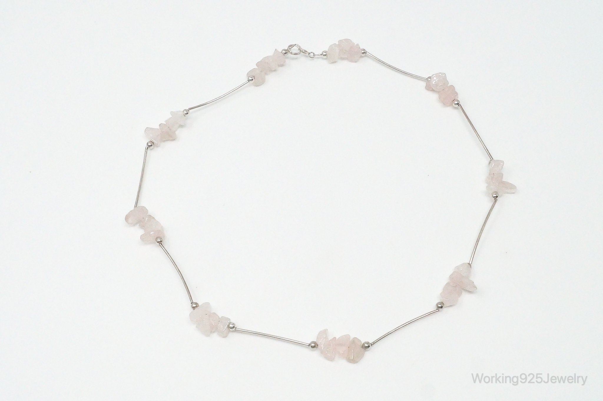 Vintage Rose Quartz Bead Sterling Silver Necklace