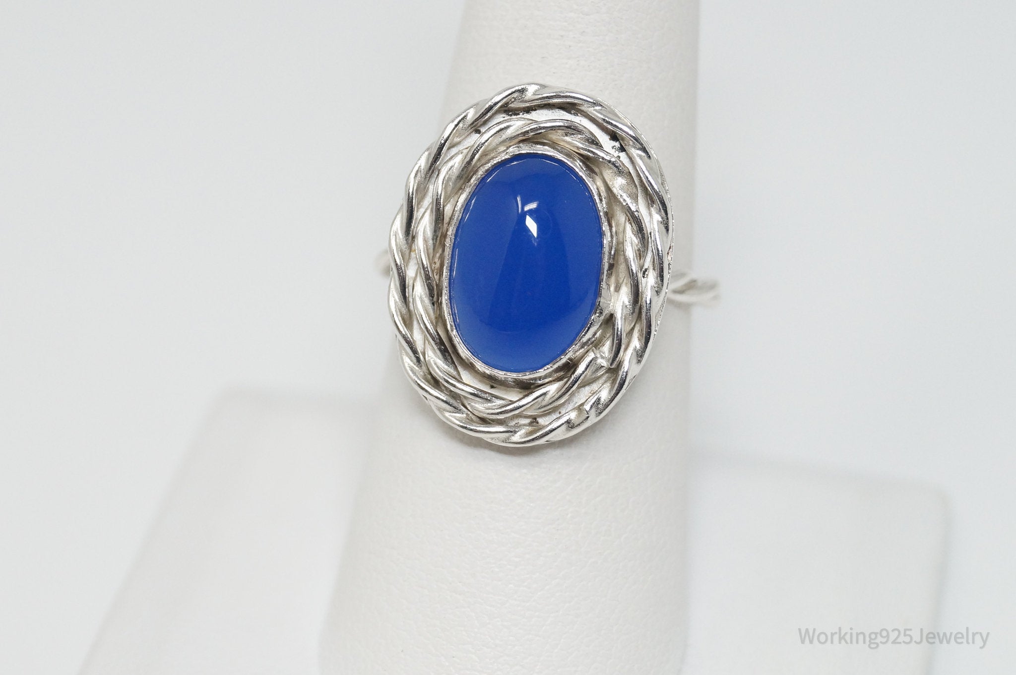 Vintage Large Blue Chalcedony Sterling Silver Ring - Sz 7.5